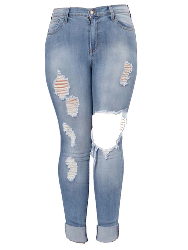 Andongnywell Women's Plus Size Ripped Distressed Jeans - High Waisted Stretch Denim Pants with Roll-Up Hem in Vintage Blue | Casual Streetwear, Night Out, Everyday Comfort