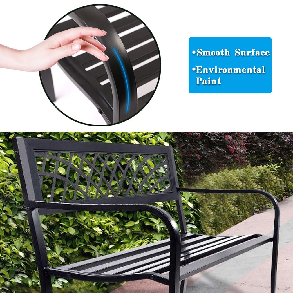 Sturdy Metal Garden Bench with Plastic Backrest & Armrests - Outdoor Patio Furniture for Yard, Porch, Park & Entryway - Durable Steel Frame Black Bench for Relaxing, Socializing & Enhancing Outdoor Spaces