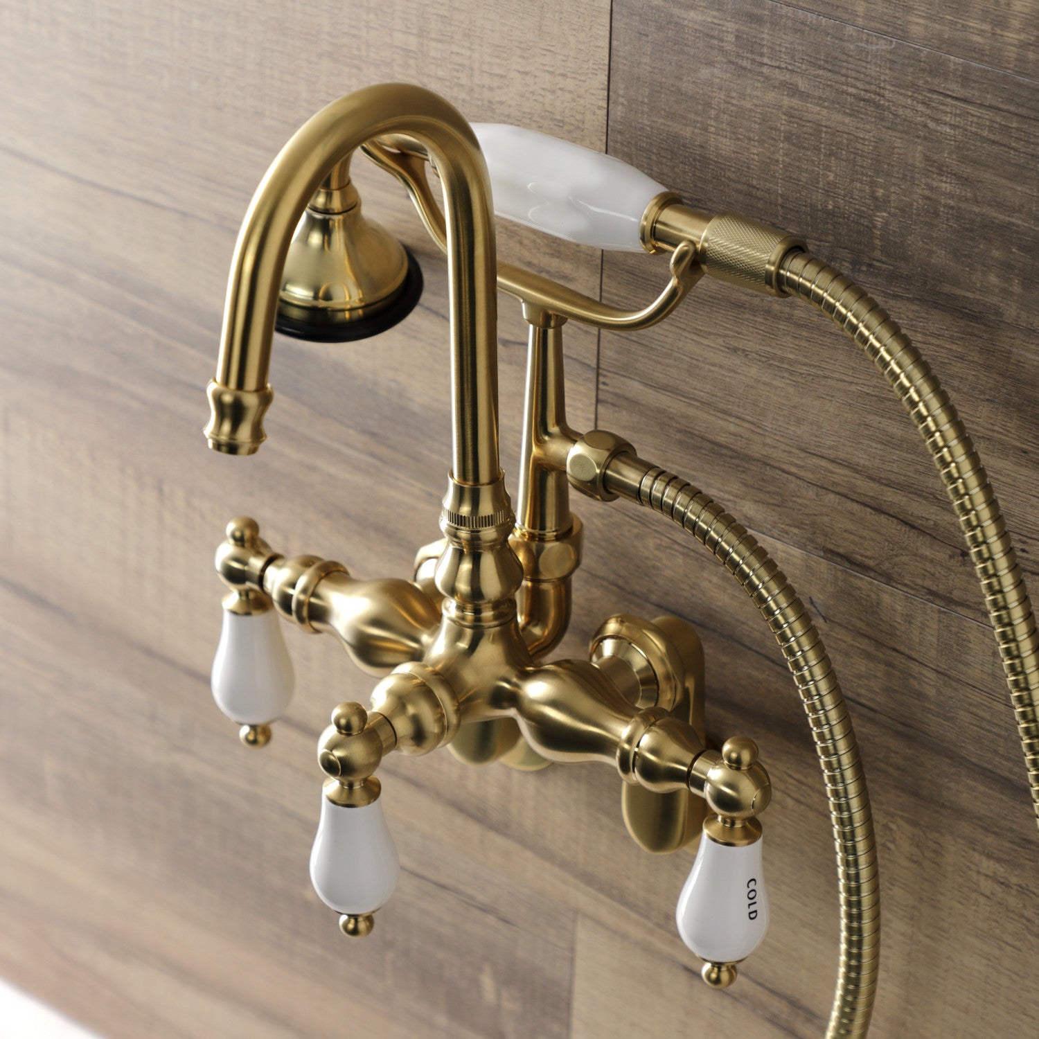 Vintage Style 3-Handle Wall Mount Clawfoot Tub Faucet with Hand Shower in Brushed Brass - Perfect for Bathroom Renovation and Antique Tub Restoration Projects