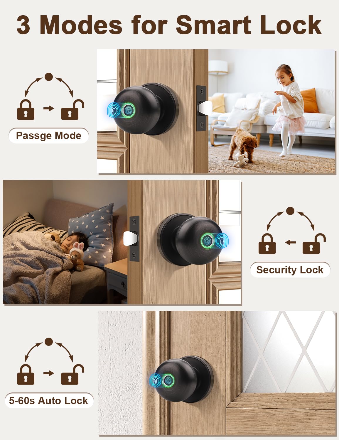 Smart Fingerprint Door Knob Lock - Biometric Keyless Entry with App Control, Oil Rubbed Bronze - Perfect for Home Security in Bedrooms, Offices, Apartments & Hotels