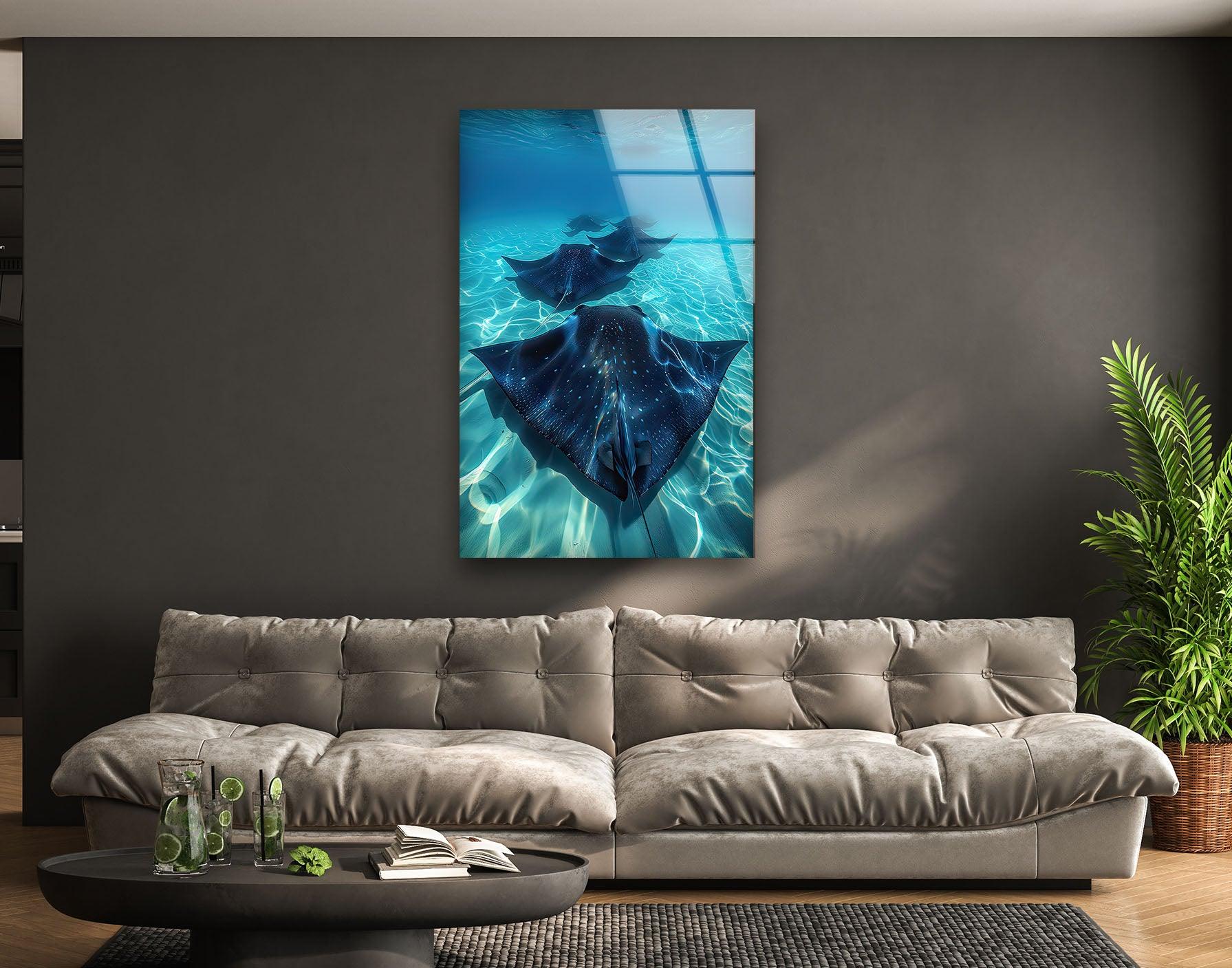 Blue Manta Ray Glass Wall Art - Handcrafted Ocean Themed Decor for Living Room, Bedroom & Office - Perfect Coastal Home Decor Gift