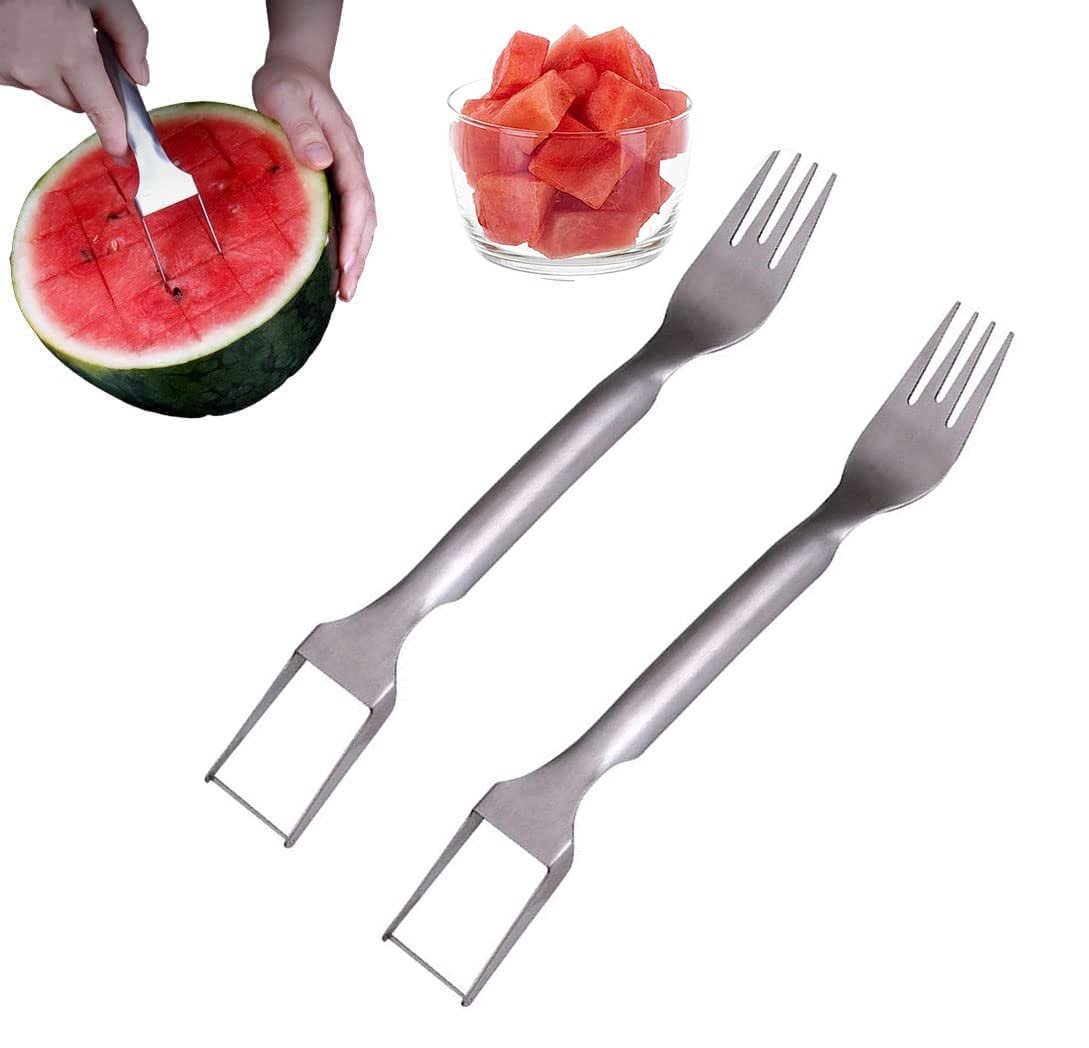 2-in-1 Stainless Steel Watermelon Slicer & Fork Set - Dual Head Fruit Cutter for Easy Watermelon Cutting - Perfect for Summer BBQs, Picnics, and Family Gatherings