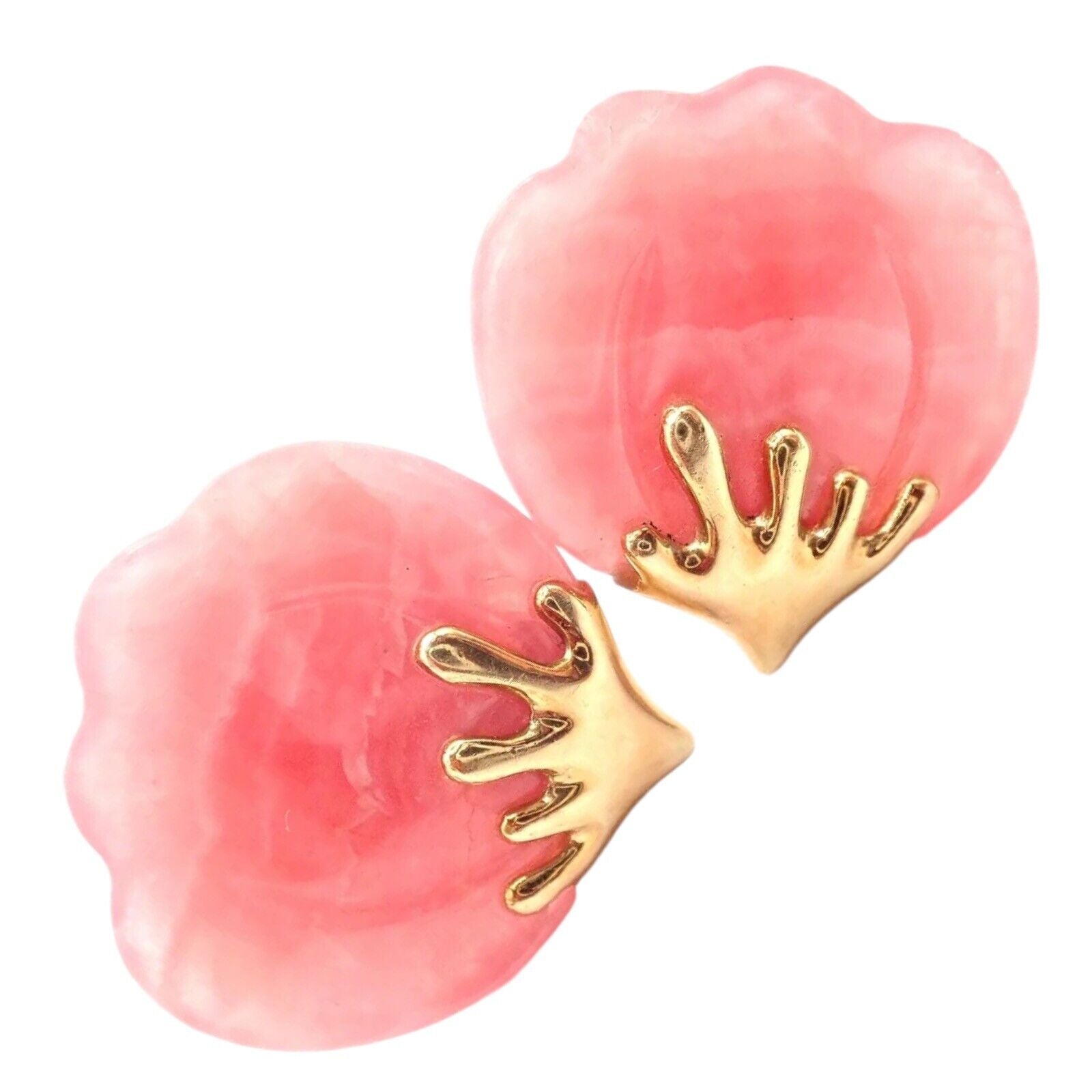 Authentic Tiffany & Co Angela Cummings 18k Yellow Gold Pink Agate Petal Earrings - Luxury Jewelry for Women, Elegant Gift for Weddings & Special Occasions