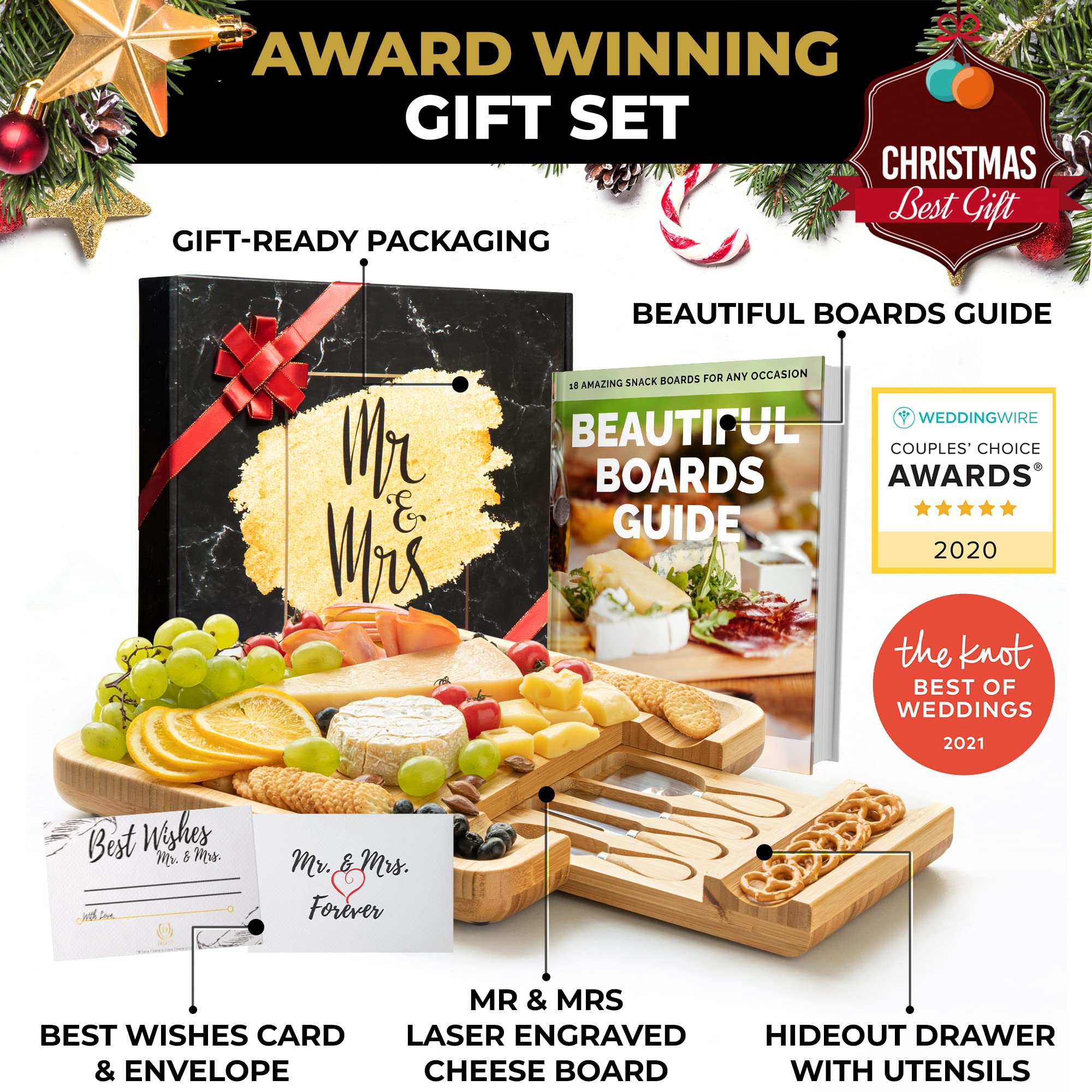 DELUXY Mr and Mrs Cheese Board Set - Elegant Wedding Gift for Couples, Newlyweds, Bridal Showers, Anniversaries - Unique His and Hers Present for Cheese Lovers - Perfect for Romantic Dinners, Housewarming Parties, and Special Celebrations