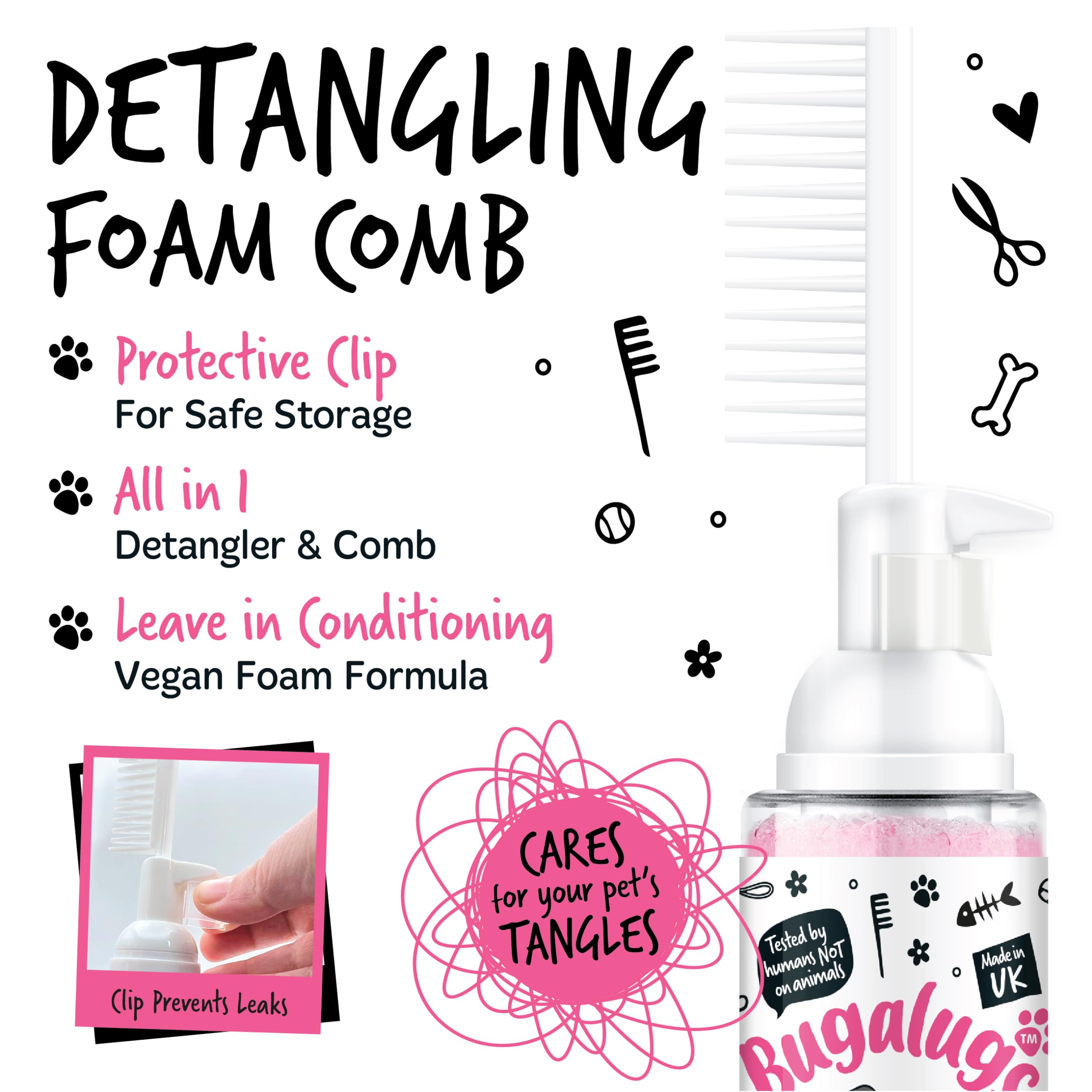 Bugalugs Pet Detangler Foam Comb - Leave-In Conditioner Spray for Dog Grooming, Detangling & Knot Removal with Wheat Protein (Baby Fresh Scent) - Perfect for Daily Coat Care & Professional Grooming Sessions