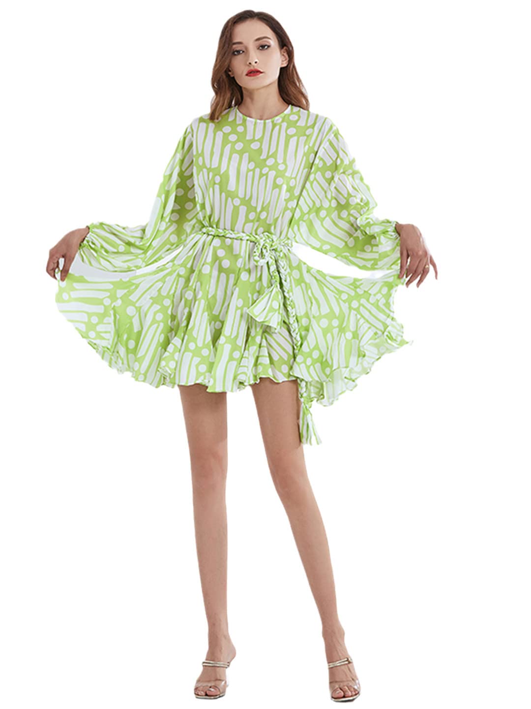 Women's Floral Print O-Neck Balloon Sleeve High Waist Tie Bow Contrast Dress - Elegant Summer Party & Wedding Guest Outfit