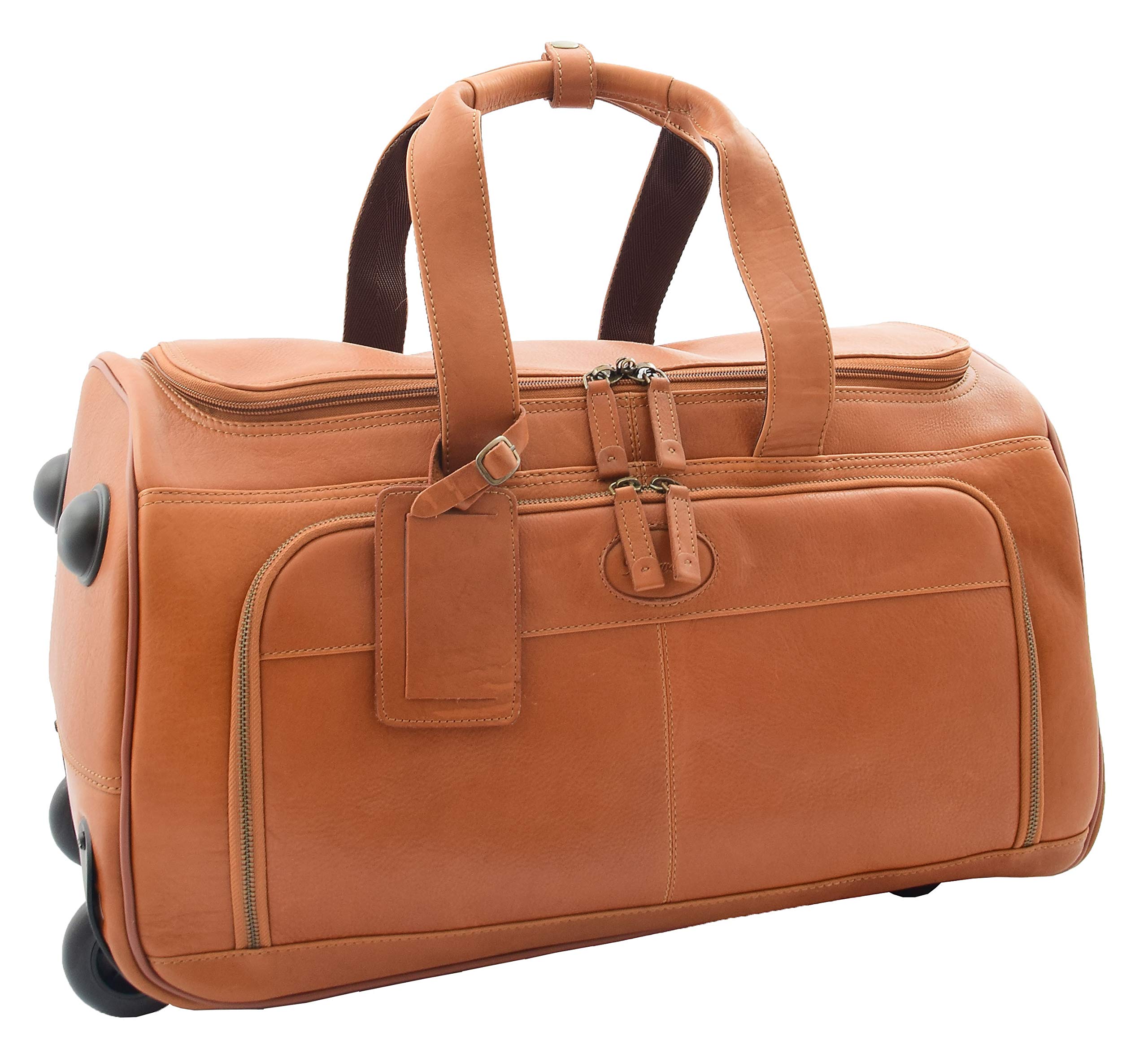 Premium Genuine Tan Leather Wheeled Travel Duffle Bag with Telescopic Handle - Ozwald Collection (Large, Tan) - Perfect for Business Trips, Weekend Getaways & Air Travel Luggage