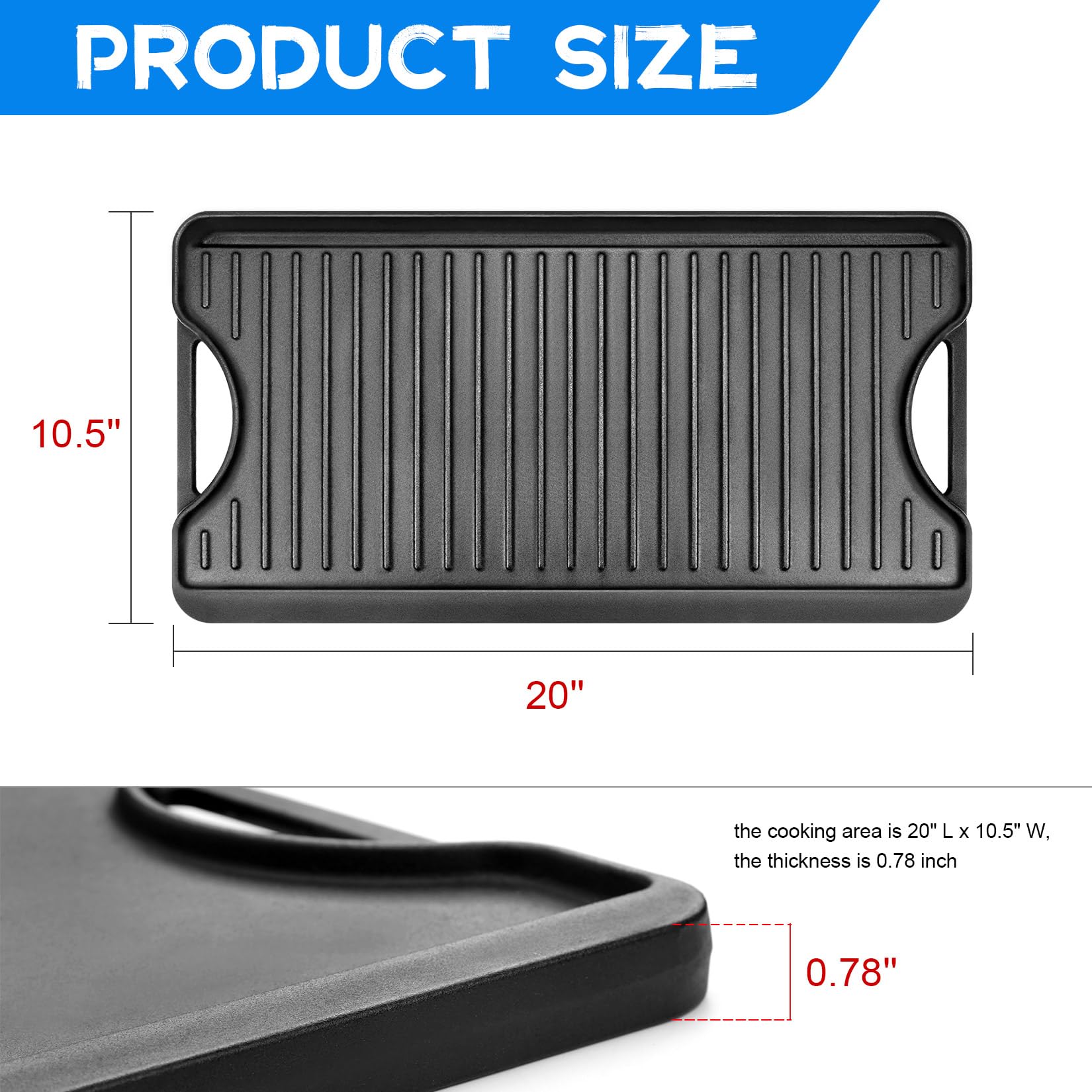 GGC Cast Iron Reversible Griddle - 2-in-1 Griddle Pan for Gas Stove, Grill & Camping | 20