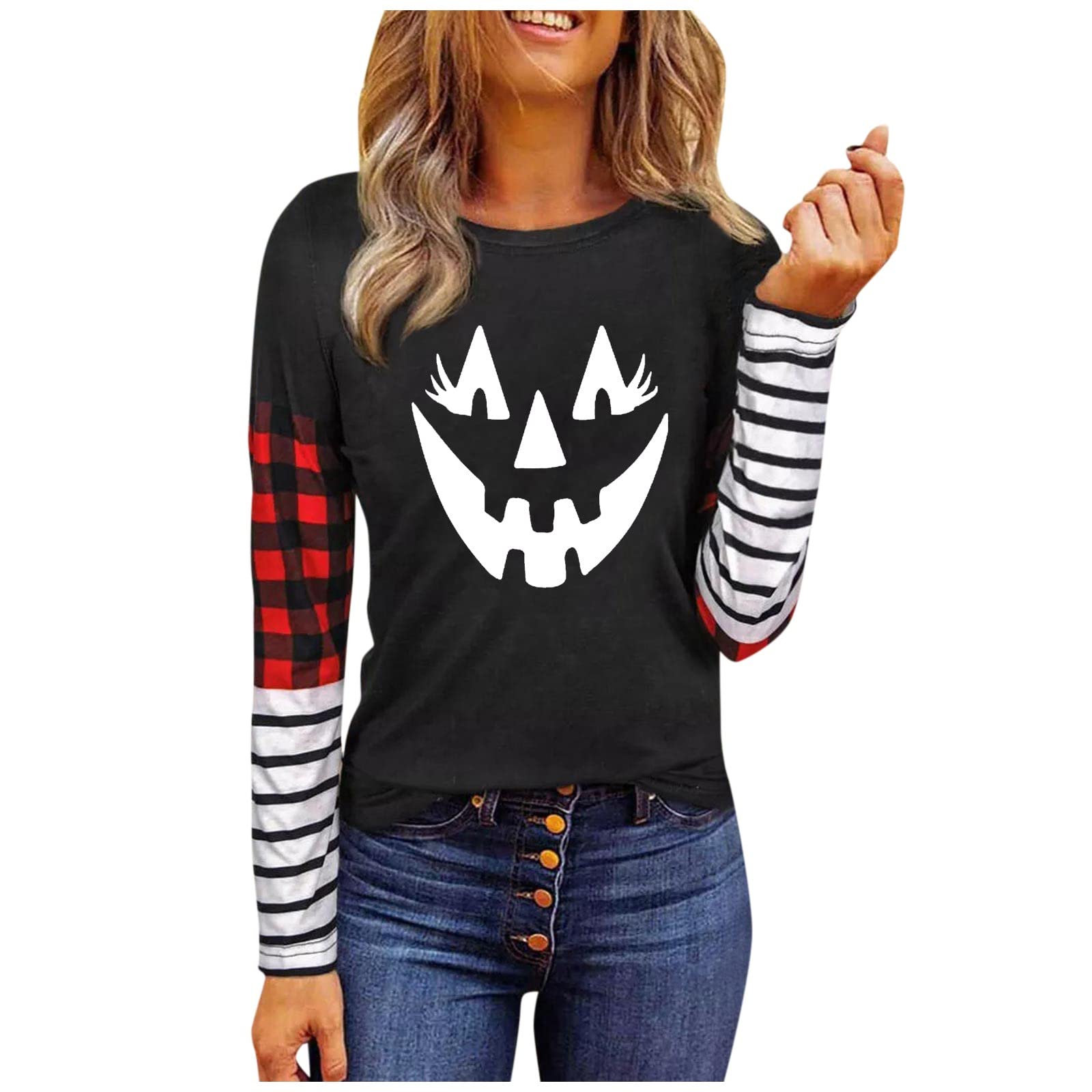 Women's Halloween Skull & Red Roses Print Long Sleeve Crewneck T-Shirt - Striped Casual Blouse for Halloween Parties, Costume Events & Spooky Season Outfits
