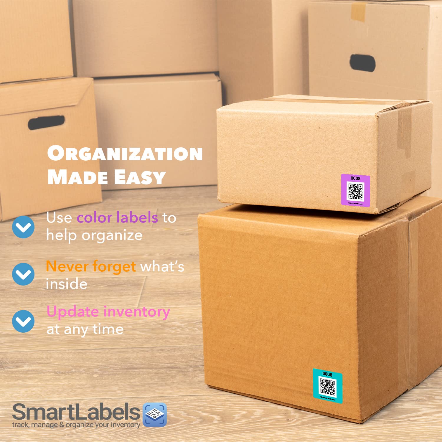 Smart QR Code Labels Stickers Pack of 48 - Made in USA for Storage & Inventory Tracking | Organize Storage Units, Moving Supplies & Business Inventory | Perfect for Home Organization, Warehouse Management & Retail Stock Control