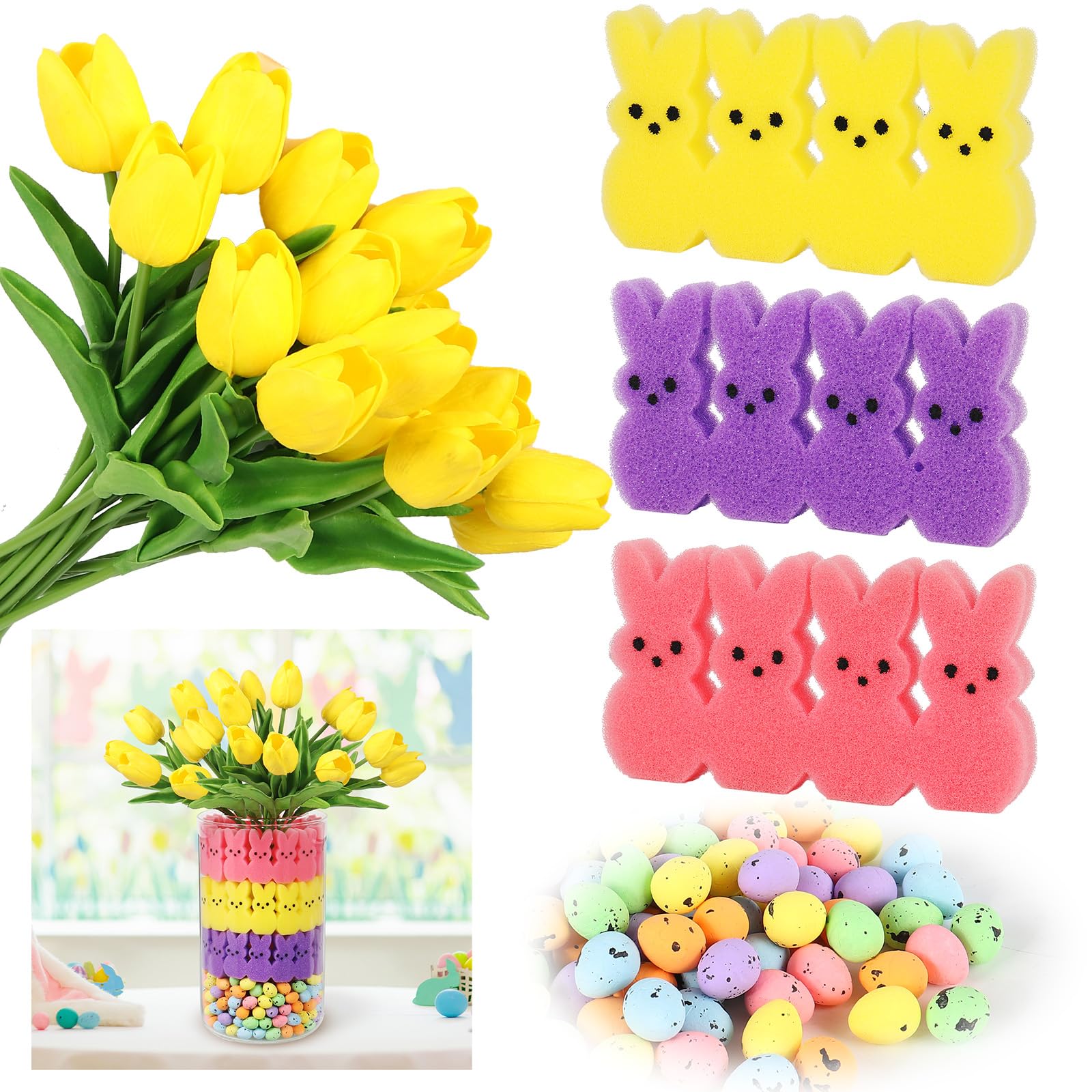 16 Artificial Tulips with 48 Bunnies & Egg Vase Filler Set - Easter Table Decorations, Spring Home Centerpiece for Dining Room, Party, Wedding (Yellow) | Indoor Floral Arrangement & Holiday Decor