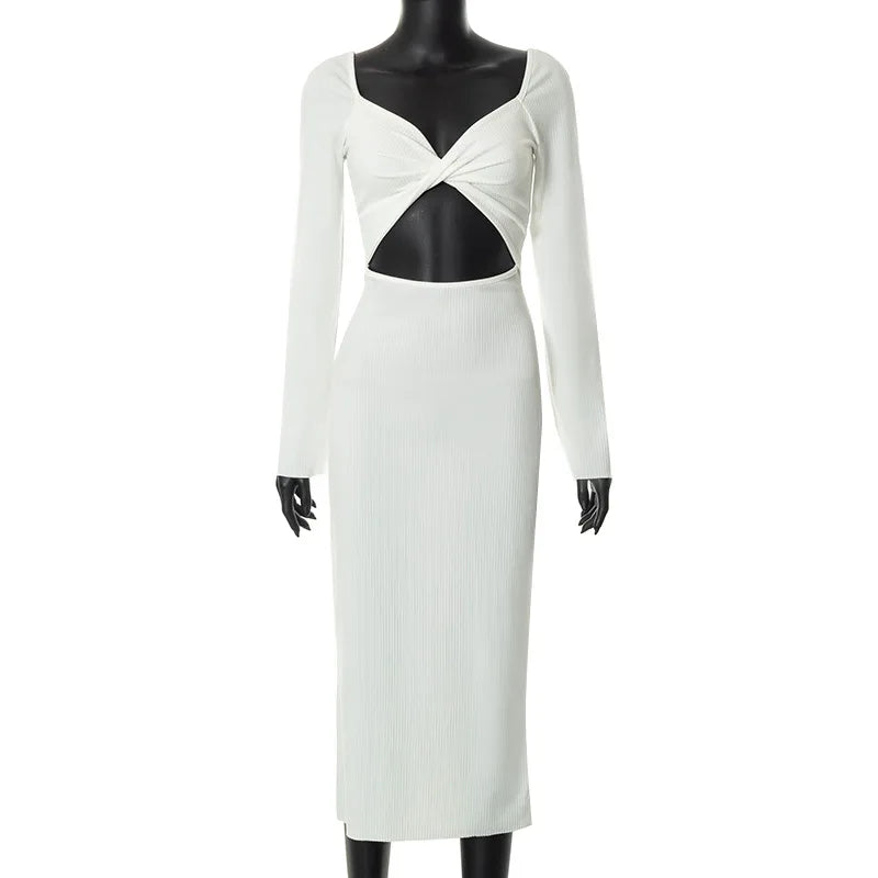Elegant White Ribbed Fabric Dress - Long Sleeve O-Neck Hollow High Waist Slim Fit Crop Top with Knee Length Skirt | Perfect for Fall Fashion, Date Nights & Office Wear