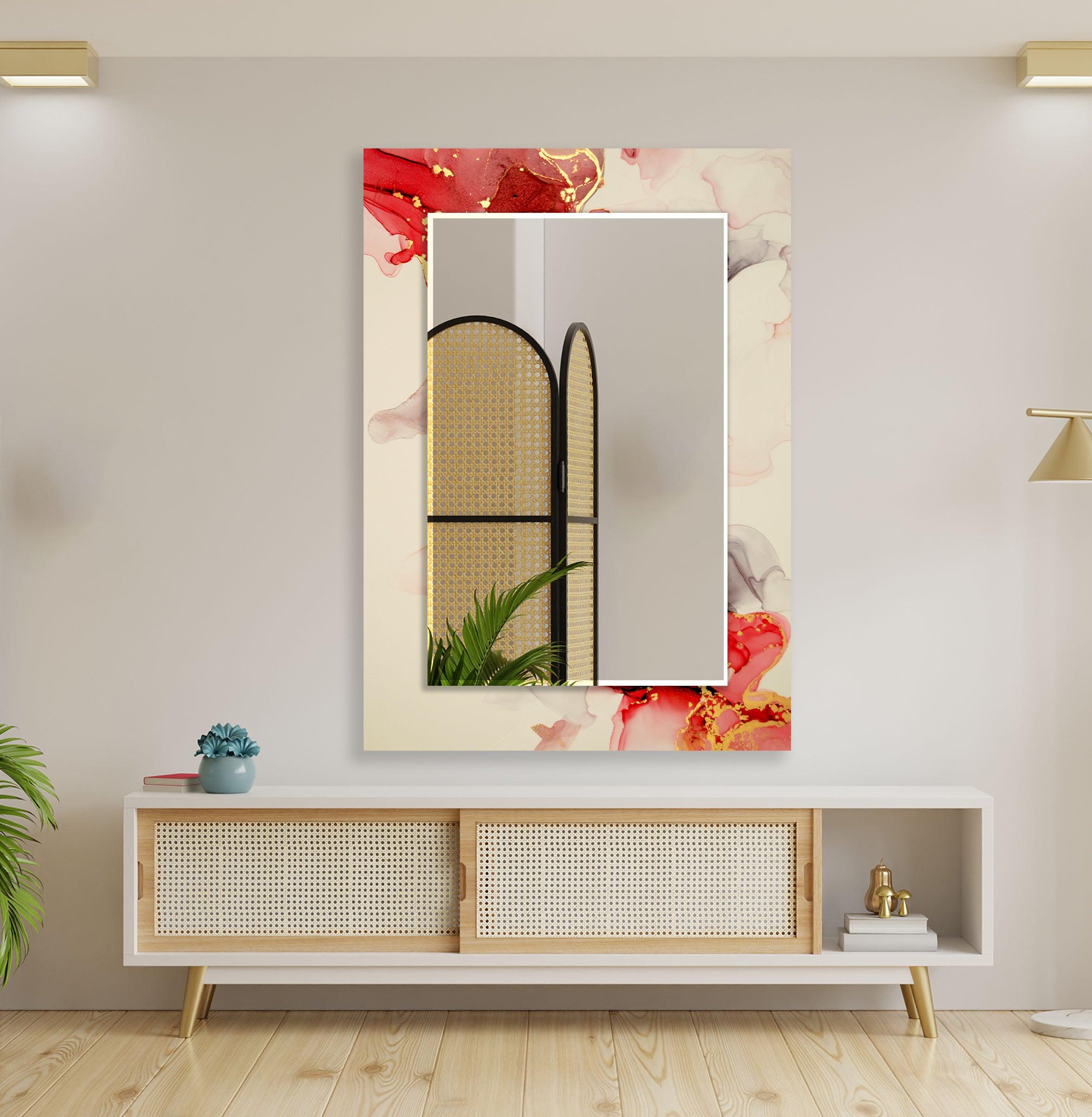 Beige and Gold Accent Wall Mirror with Red Details - Elegant Home Decor for Living Room, Bedroom, or Entryway