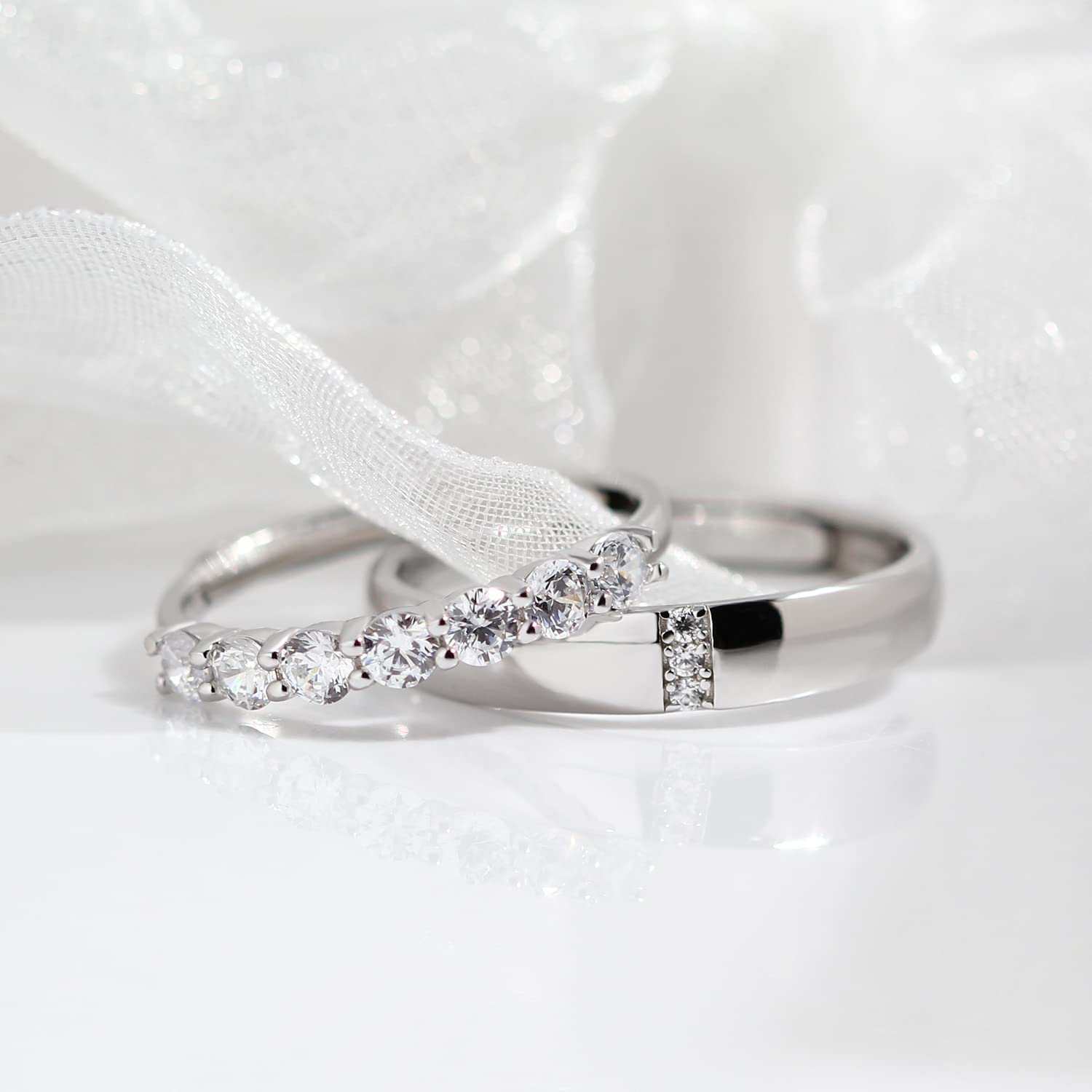 Meissa Sterling Silver Couple Rings - Dainty Wedding Bands for Men & Women, Promise Rings with 7 Cubic Zirconia Stones, Matching Adjustable Size (Set of 2) - Perfect for Anniversaries, Engagements & Romantic Gifts