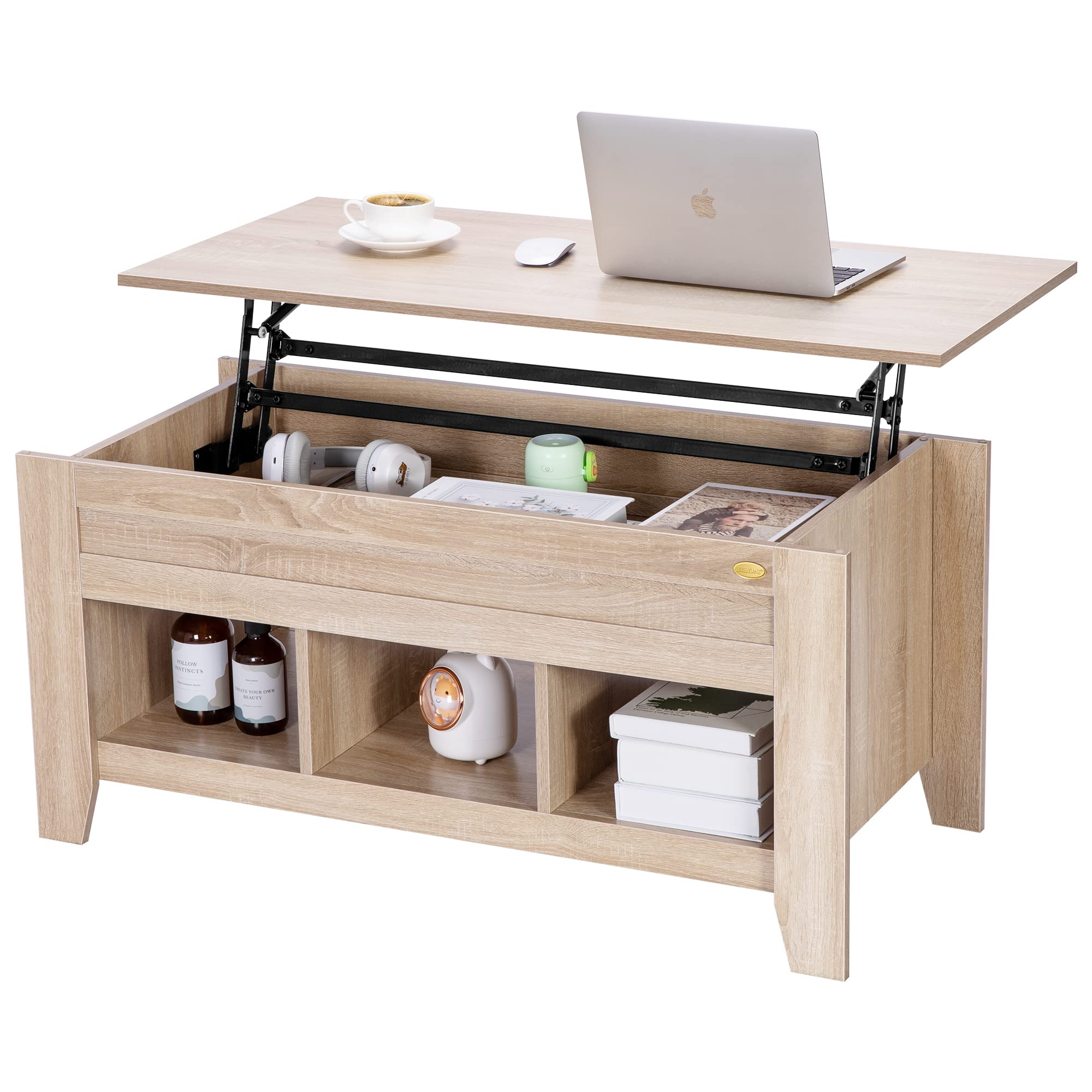 VIVOHOME Lift Top Coffee Table with Hidden Storage & 3 Open Compartments, Light Brown - Perfect for Living Room, Office, Small Apartment, and Home Decor