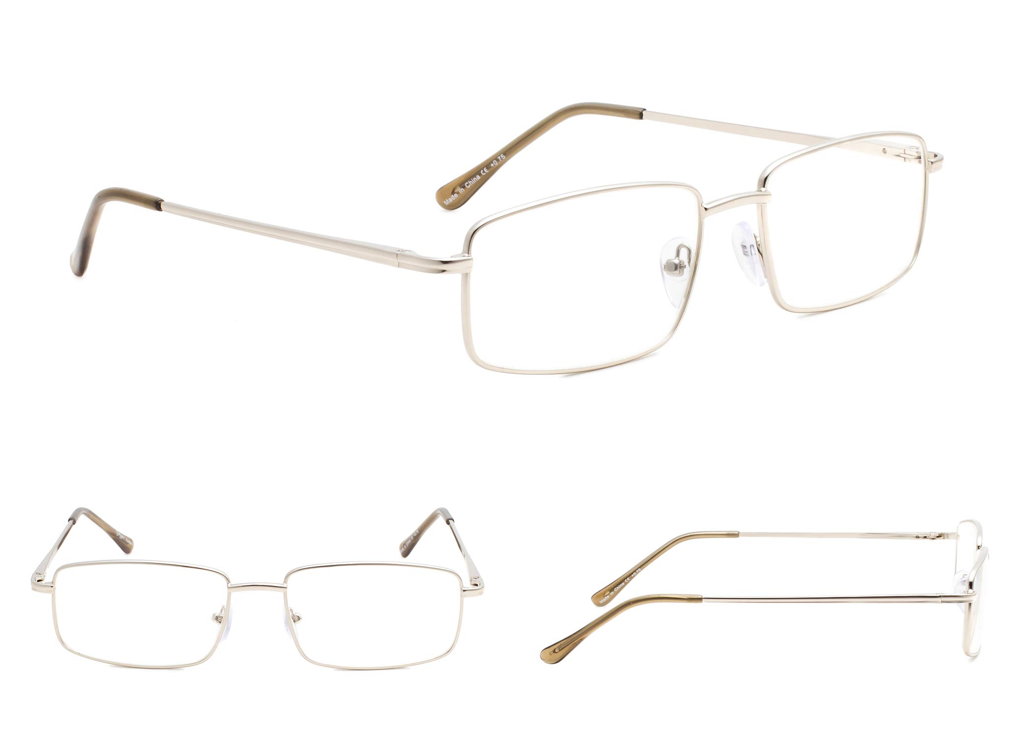 3-Pack Large Rectangular Reading Glasses with Spring Hinges for Men - Silver Frame Lightweight Readers for Reading, Computer Use & Daily Activities