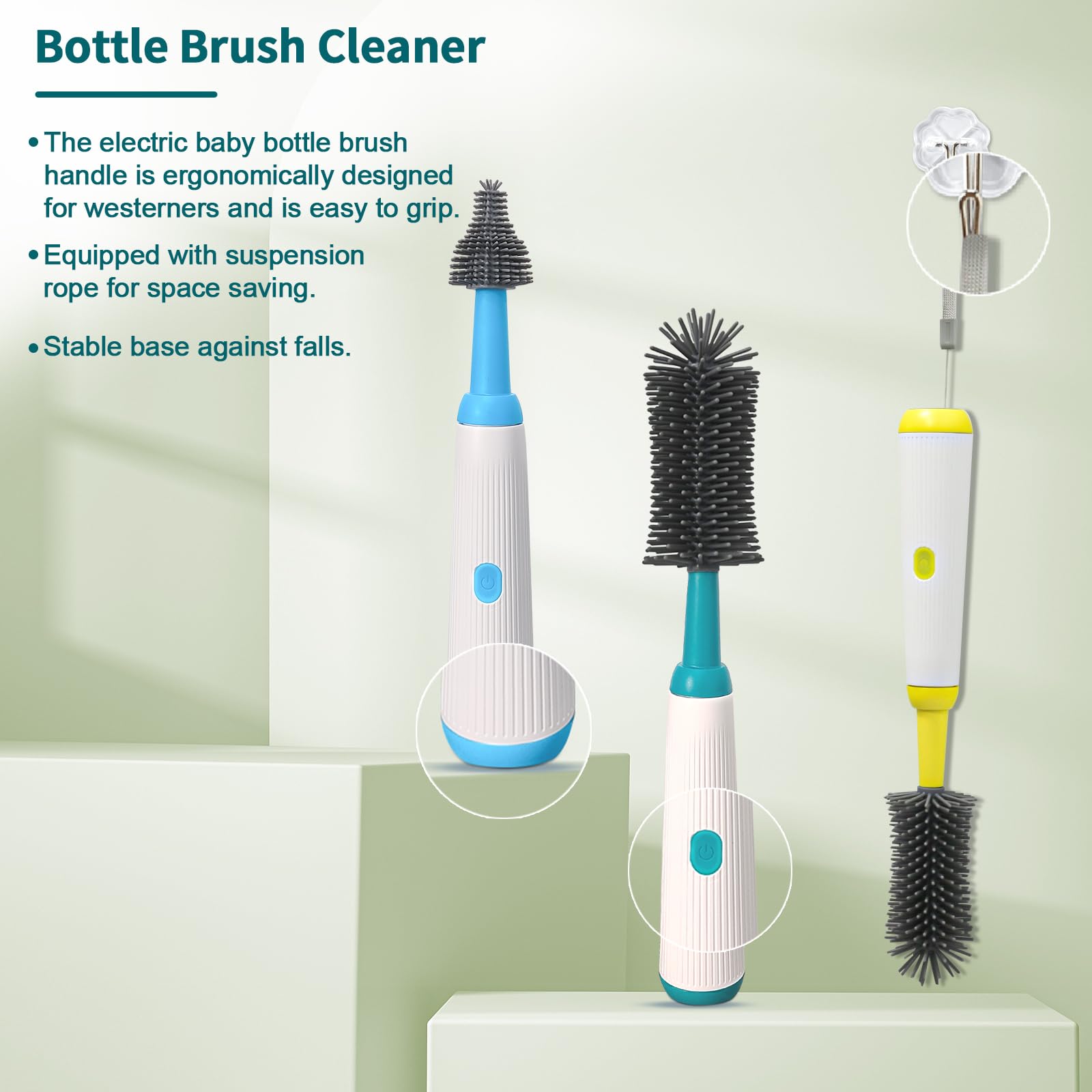 Electric Bottle Brush Set with 3 Replaceable Heads & Extension Handle - Waterproof Silicone Baby Bottle Cleaner for Newborn Essentials (Dark Green) | Perfect for Baby Bottles, Sippy Cups & Breast Pump Parts