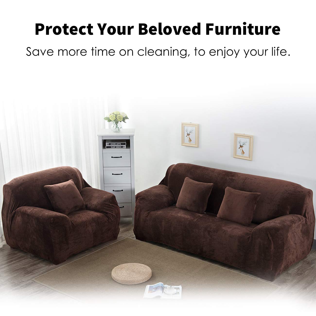 Elastic Stretchable Sofa Covers for 3 Seater Couches - Soft Velvet Fabric, Thick Durable Slipcover in Brown - Perfect for Living Room Furniture Protection & Home Decor Upgrade