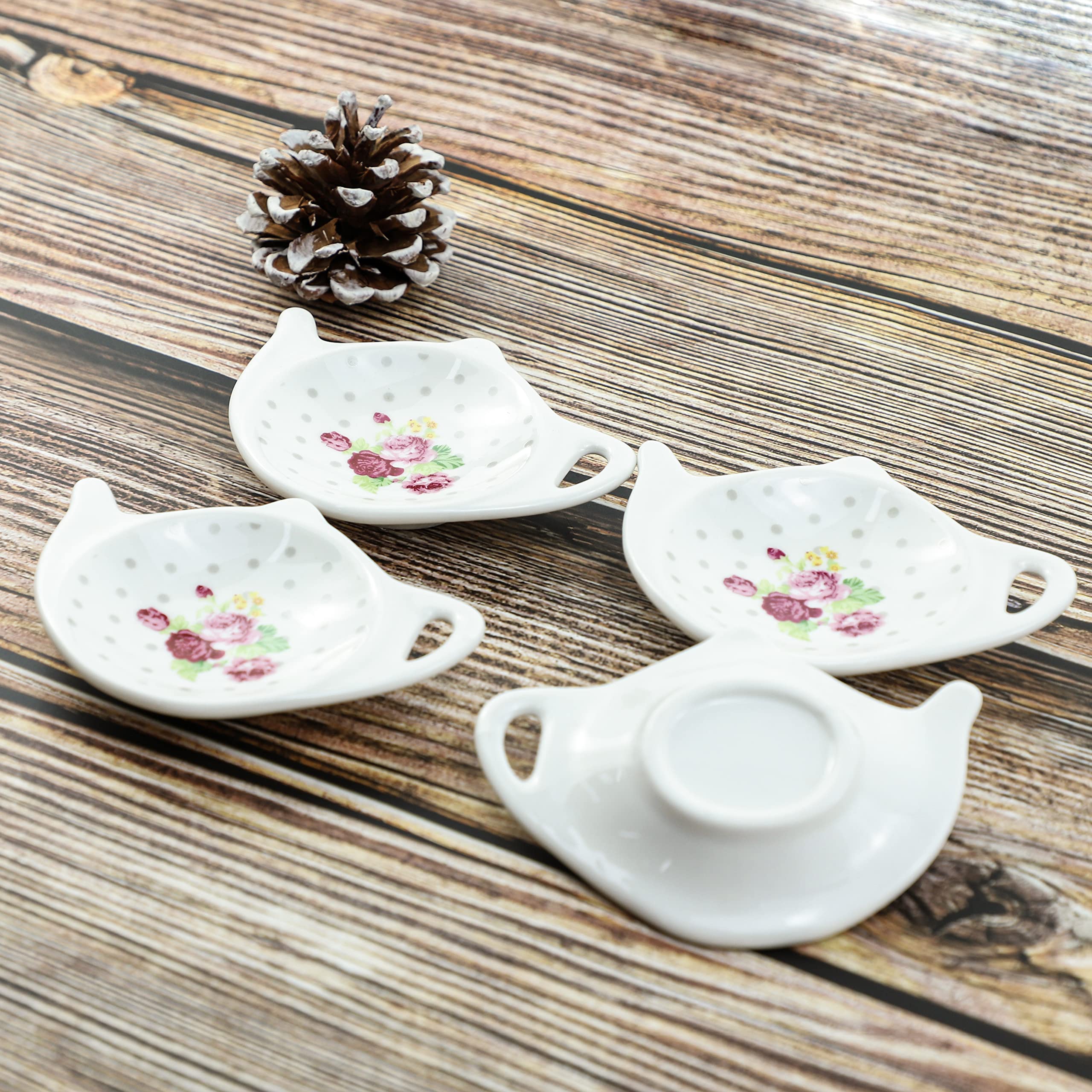 Polka Dot Floral Tea Bag Holder - Porcelain Teapot-Shaped Coaster & Saucer Set (4 Inch/10cm, 5-Piece) - Perfect for Tea Parties, Kitchen Decor, and Gift Giving