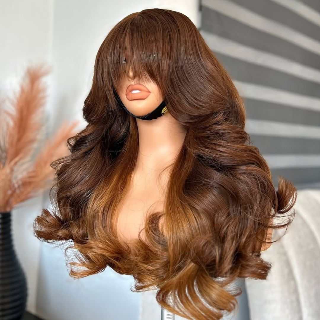 Eullair 13x4 Lace Front Wig - Two Tone Blonde Human Hair Loose Wave with Bangs & Pre-Plucked Hairline | Perfect for Cosplay, Daily Wear & Special Occasions