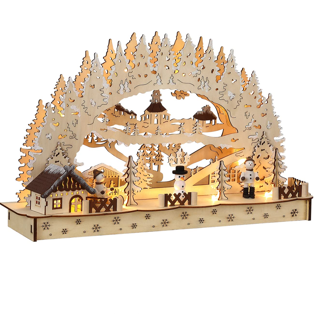 Monzana® XL LED Schwibbogen - Wooden Christmas Arch with Timer & Battery - Winter Village Holiday Decor for Home, Mantel, or Tabletop - Perfect for Christmas, Winter, and Holiday Lighting Decorations