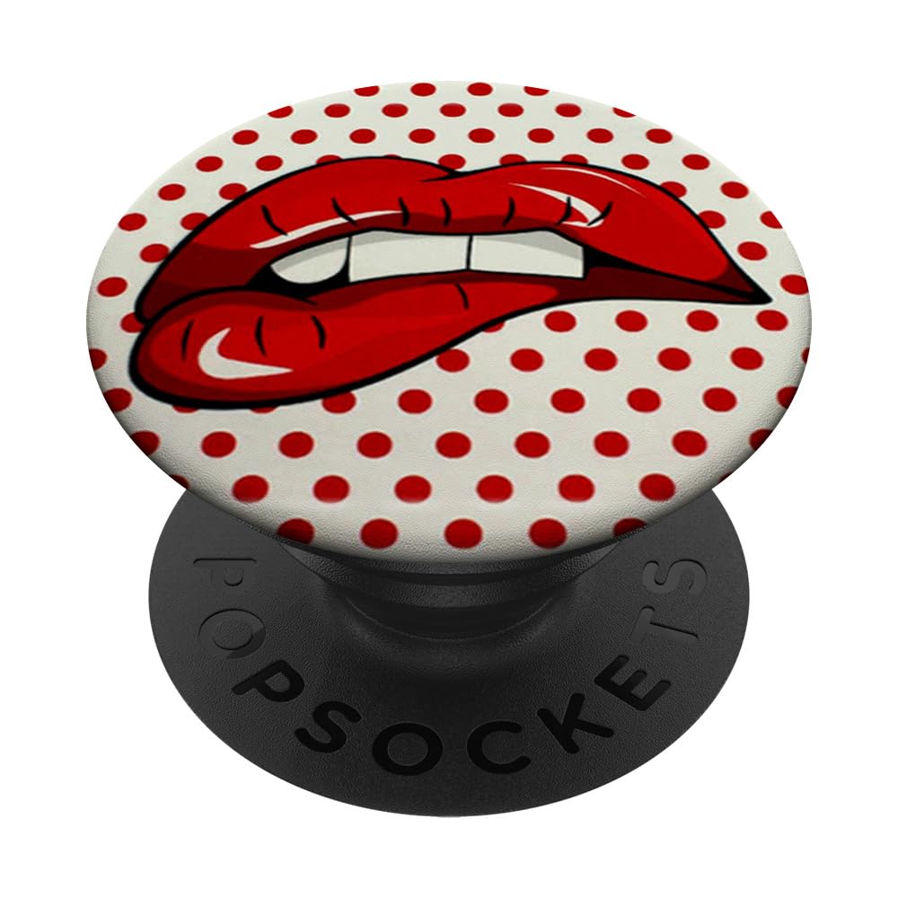Red White Polka Dot PopSockets PopGrip with Biting Red Lips Design - Swappable Phone & Tablet Grip with Strong Adhesive - Perfect for Selfies, Video Calls, and Secure Device Handling