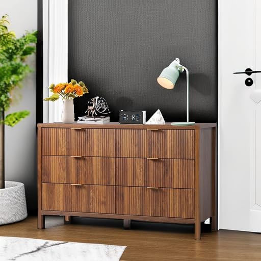 6 Drawer Solid Wood Dresser Cabinet - Farmhouse Style Nightstand with Storage, Mid Century Modern TV Stand for Bedroom & Closet Organization (Walnut) | Perfect for Bedroom, Living Room & Home Office Storage Solutions