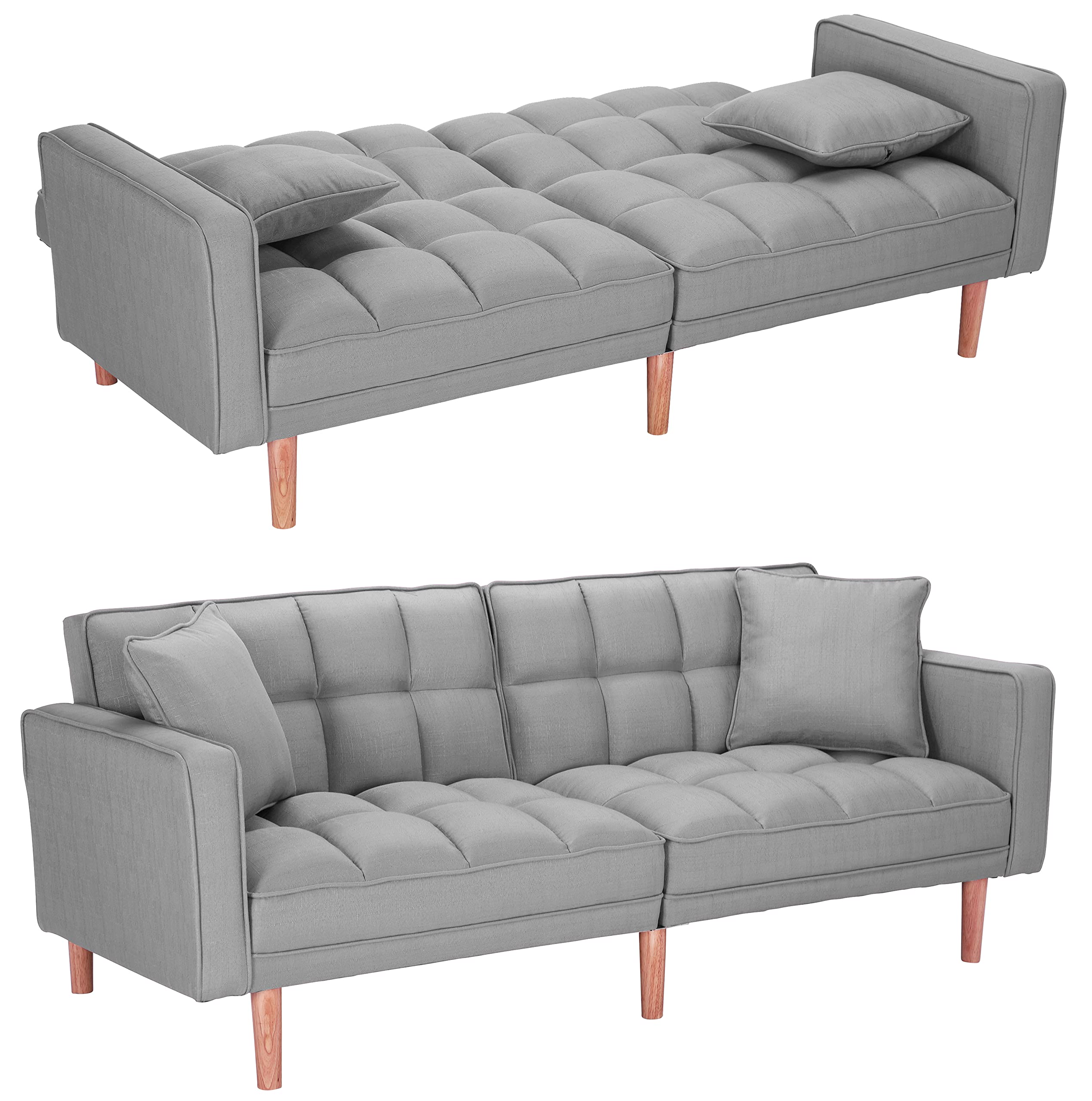 BSHTI 75 Inch Grey Convertible Futon Sofa Bed - 3-in-1 Sleeper Couch for Small Spaces, Living Room & Guest Room | Modern Foldable Futon with Metal Frame