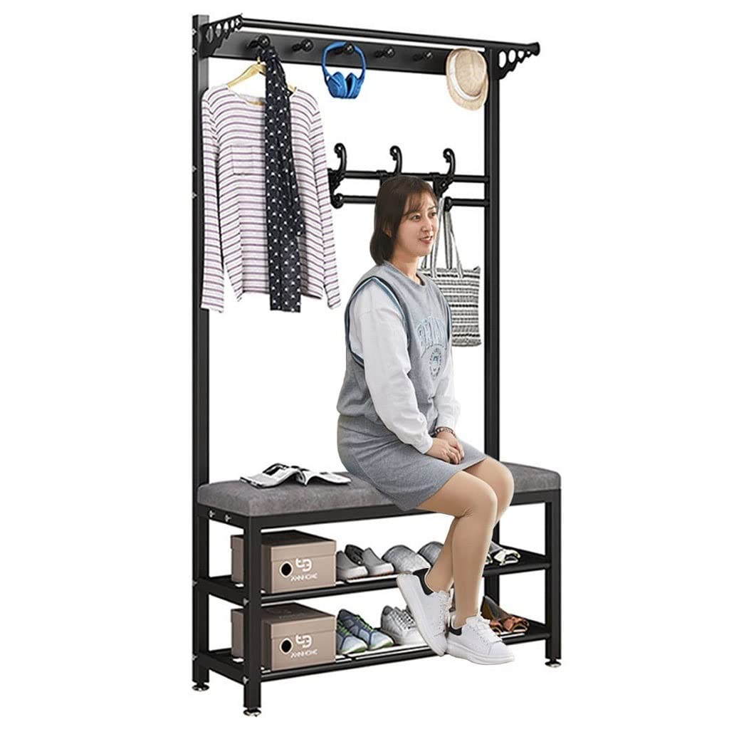 Fangsky Entryway Hall Tree with 10 Hooks - Metal Coat Rack & Shoe Bench Organizer for Clothes, Hats, Bags - Space-Saving Storage Shelf for Bedroom, Living Room & Hallway - Perfect for Small Apartments & Mudroom Organization