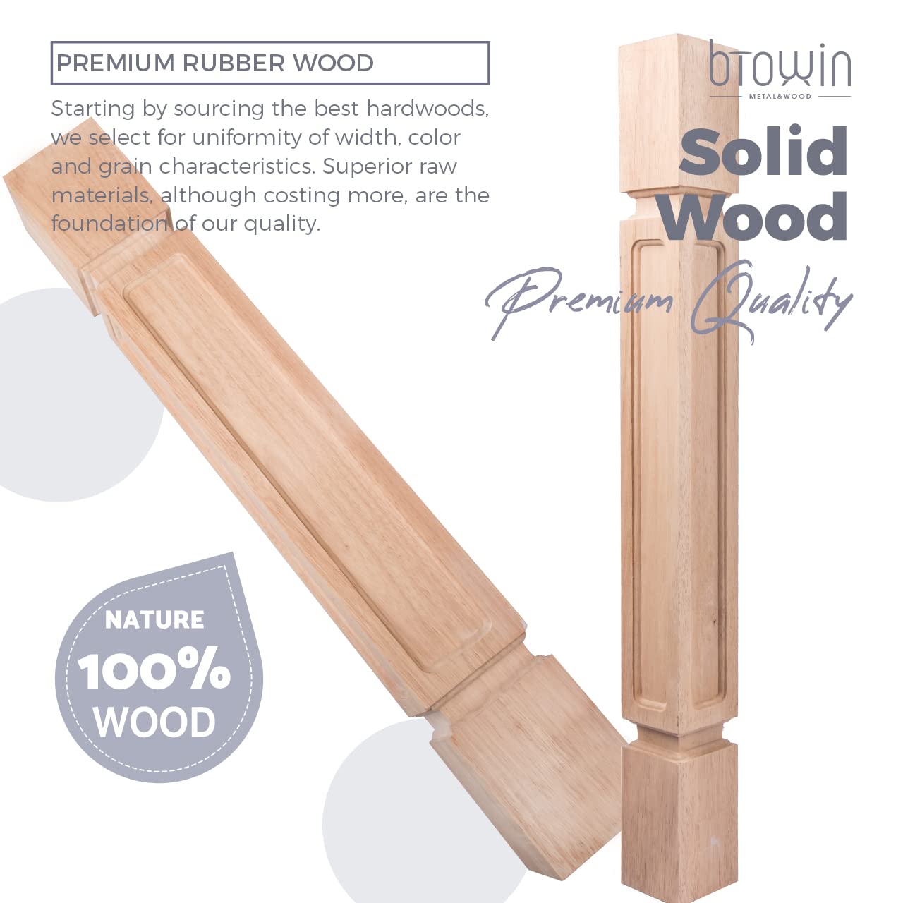 Unfinished Rubberwood Replacement Island Legs 36 x 3.5 x 3.5-inch Square - 2PCs for Large Dining Table & Kitchen Table - Perfect for DIY Furniture Projects & Home Renovation