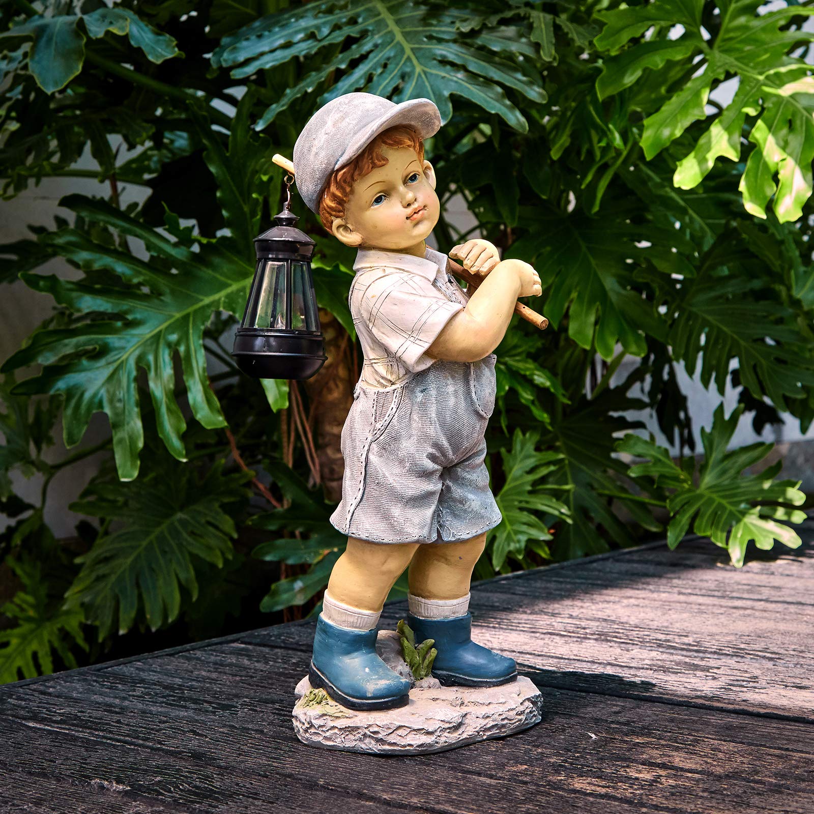 Solar Powered Boy Garden Statue with LED Lantern - 17.5
