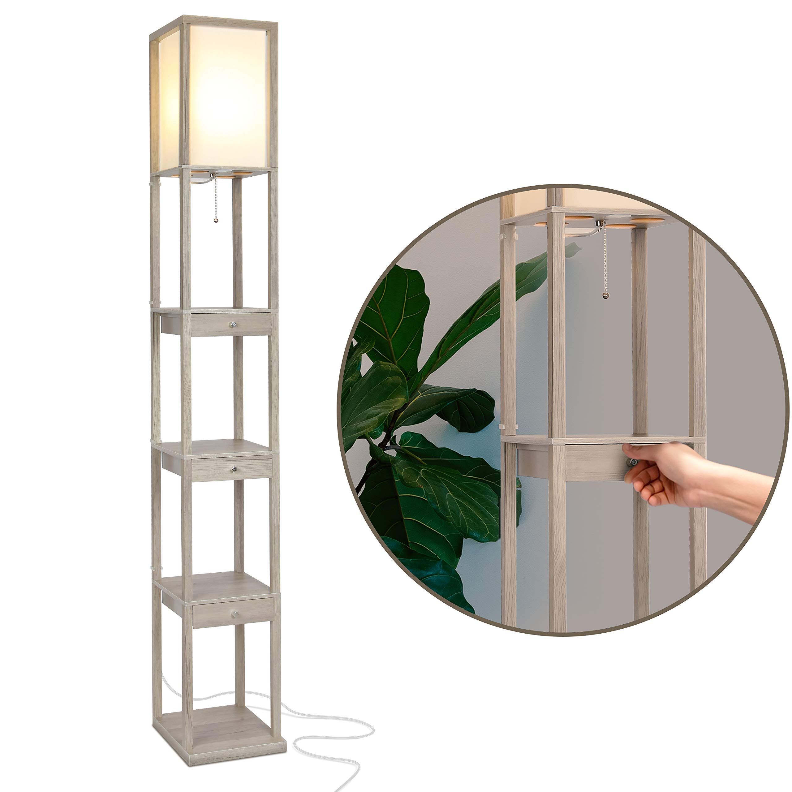 Brightech Maxwell Drawer Edition - Modern Shelf Floor Lamp with Storage Drawer - Corner Display Floor Lamp with Shelves for Living Room, Bedroom & Office - Rustic Wood Finish - Perfect for Reading Nook, Home Decor & Workspace Lighting