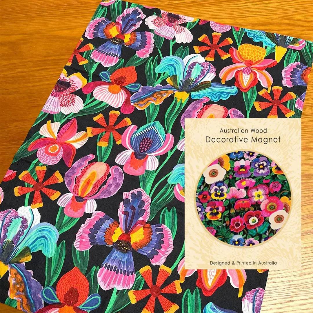 Irises & Pansies Tea Towel and Wooden Fridge Magnet Gift Set - Floral Kitchen Decor for Home, Housewarming, and Hostess Gifts