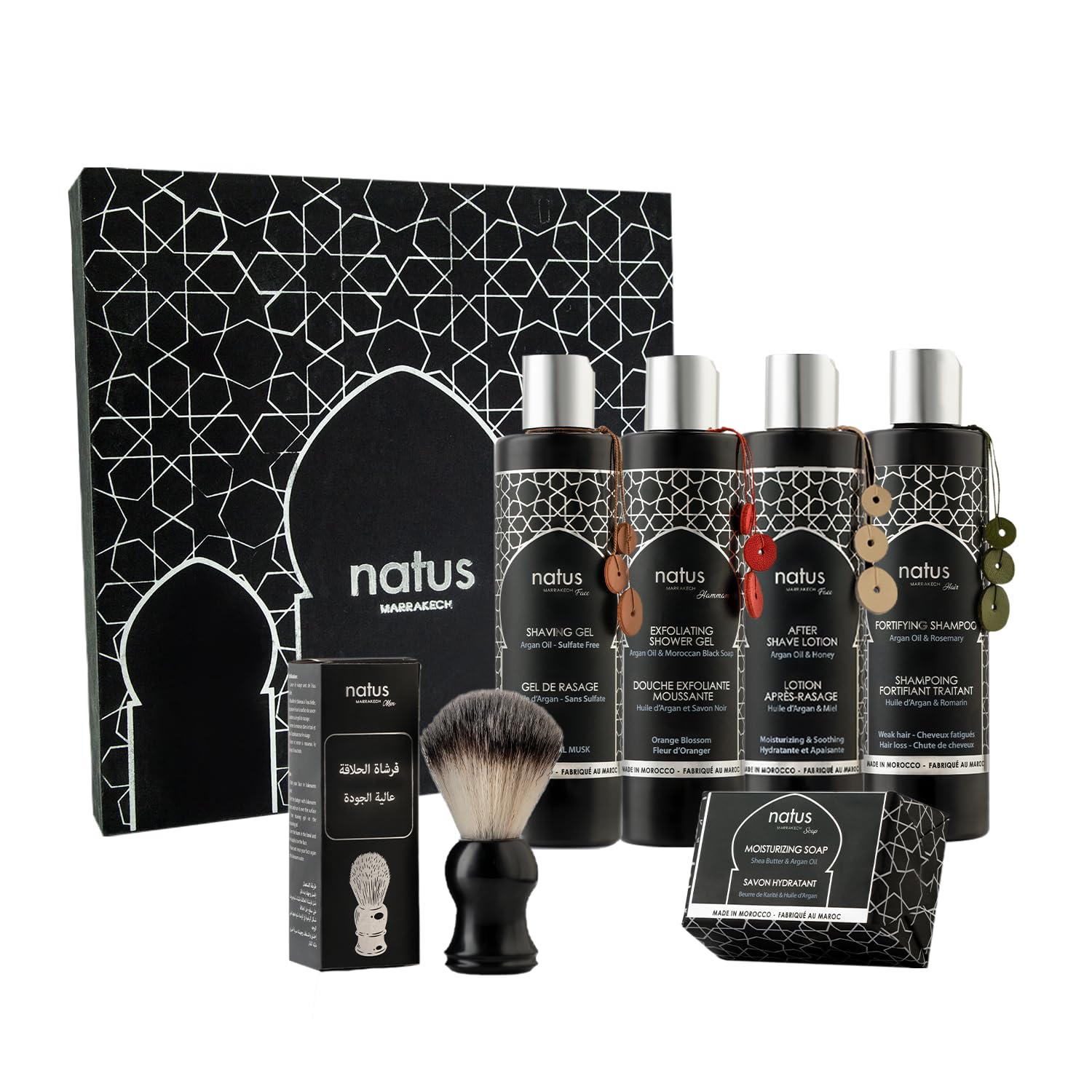 Premium Men's Grooming Kit with Argan Oil - Natural Vegan Soap, Shampoo, Shower Gel, Shaving Cream & Aftershave Balm Set for All Skin & Hair Types - Includes Handmade Brush - Perfect for Travel, Gifts & Daily Skincare Routine