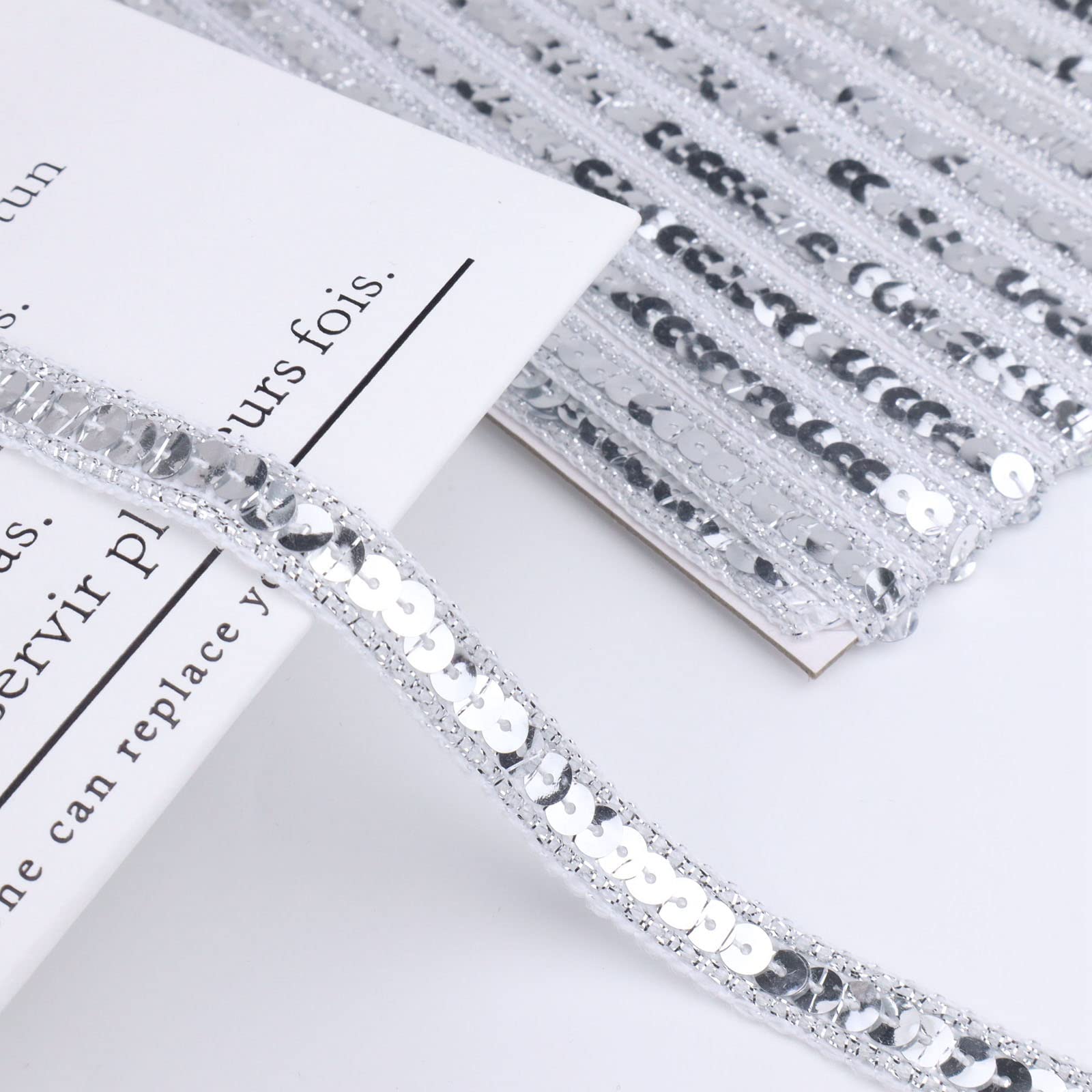 Silver Sequin Ribbon Trim - 10 Yards Flat Glitter Braid for Sewing, Costume Design, DIY Crafts & Home Decor | Perfect for Dresses, Bags, Scarf Edging & Party Decorations