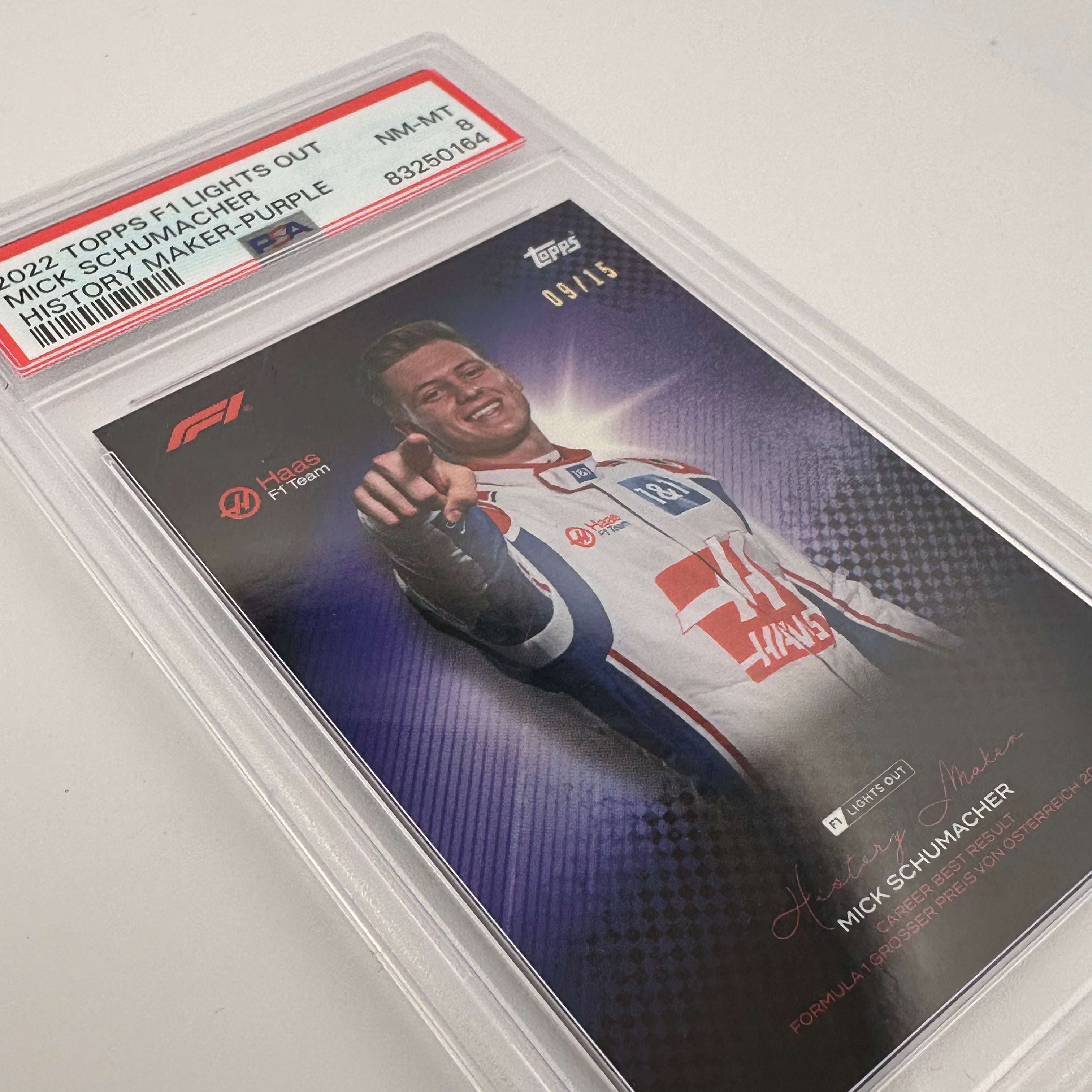 PSA 8 Graded Mick Schumacher 9/15 History Maker Purple - Rare F1 Racing Collectible Card for Display & Investment