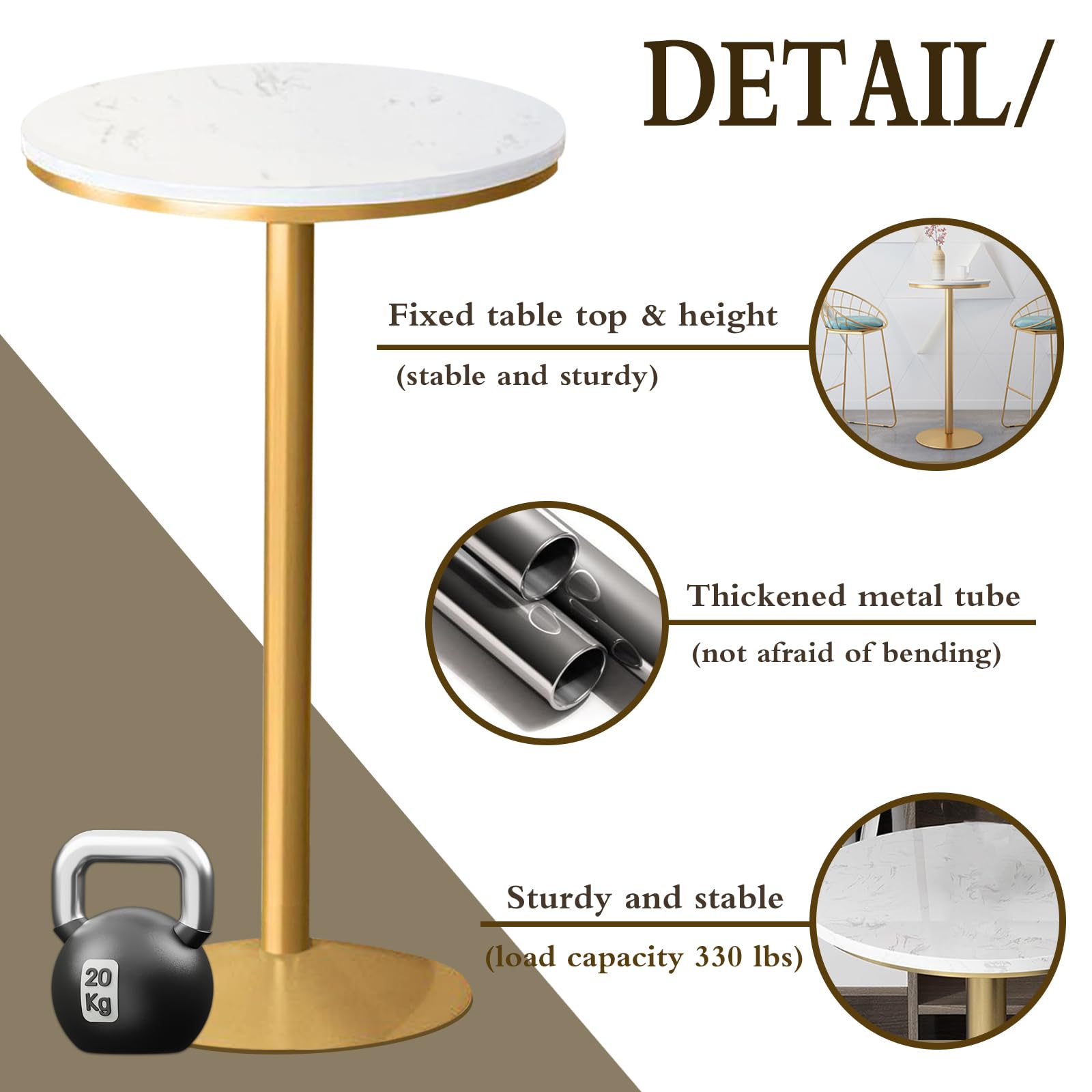 Gold Round Bar Table 22 Inch - Modern Marble High Top Pub Table with Non-Slip Stable Base - Perfect for Kitchen, Living Room, Dining Room & Bistro - Ideal for Parties, Cocktail Events & Home Decor (41 Inch Height)