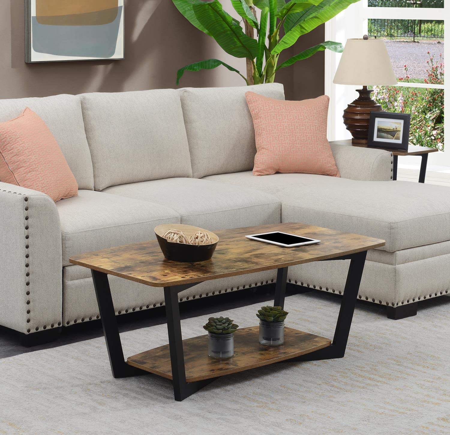 Convenience Concepts Graystone Coffee Table with Shelf - Rustic Barnwood & Black Finish | Perfect for Living Room, Office, or Dorm Decor