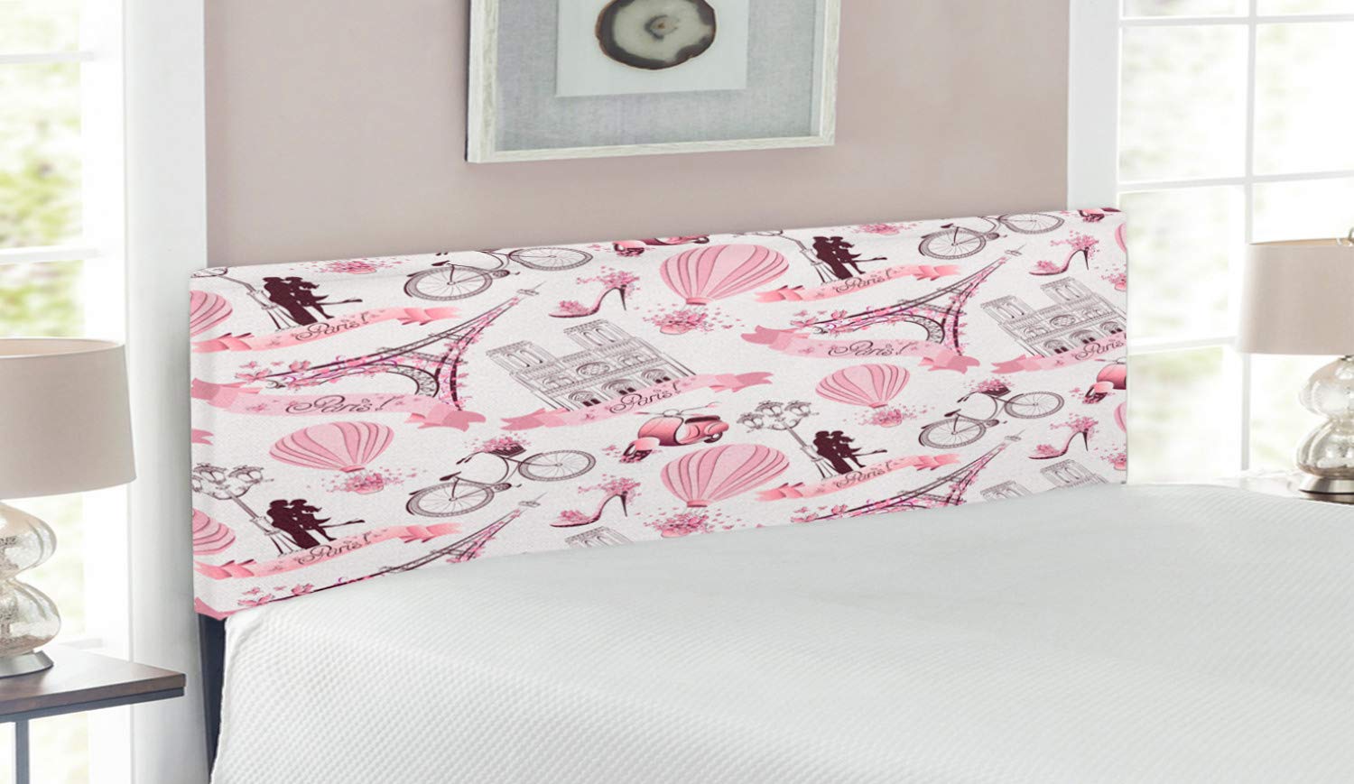 Ambesonne Paris Themed Queen Size Headboard - Eiffel Tower, Hot Air Balloon & Floral Design Upholstered Metal Bed Frame with Memory Foam | Romantic Honeymoon Decor for Bedroom | Pale Pink & White