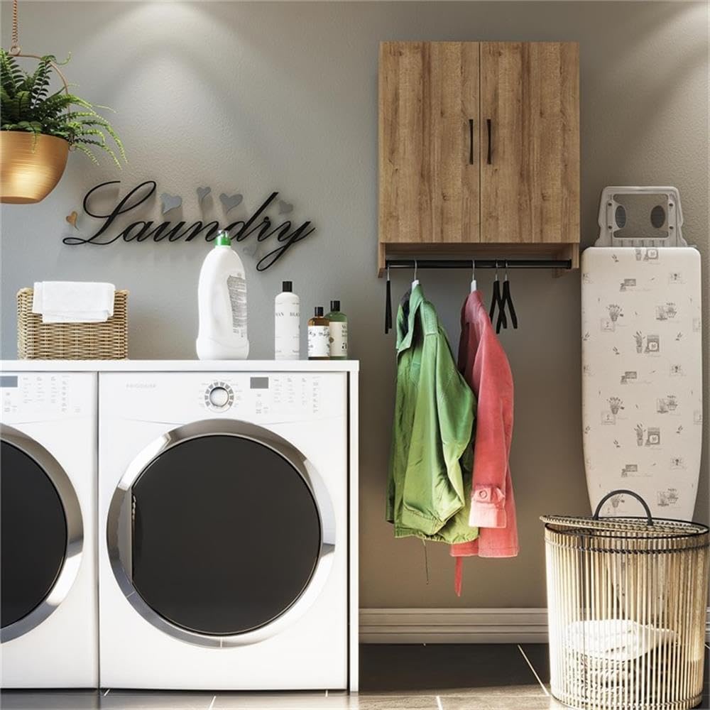 Pemberly Row 2-Door Wall Cabinet with Hanging Rod - Natural Finish for Bedroom Storage