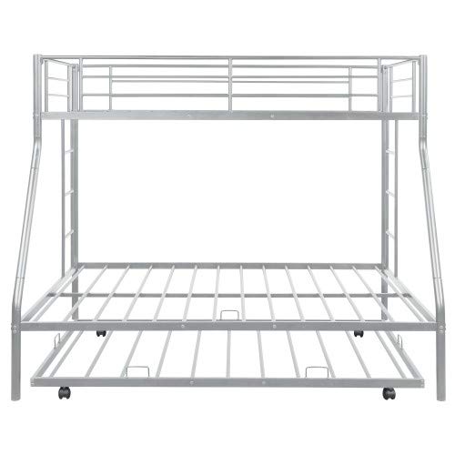 Twin Over Full Bunk Bed with Sturdy Steel Frame & Twin Trundle – 2-Side Ladders, Silver | Space-Saving Kids & Guest Bedroom Solution for Small Homes & Dorms