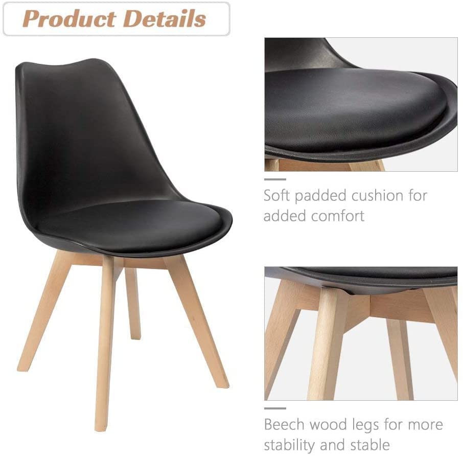 Scandinavian Modern Dining Chairs Set of 4 - Solid Beech Wood Legs & Padded Seat - Black Accent Chairs for Kitchen, Dining Room or Breakfast Nook