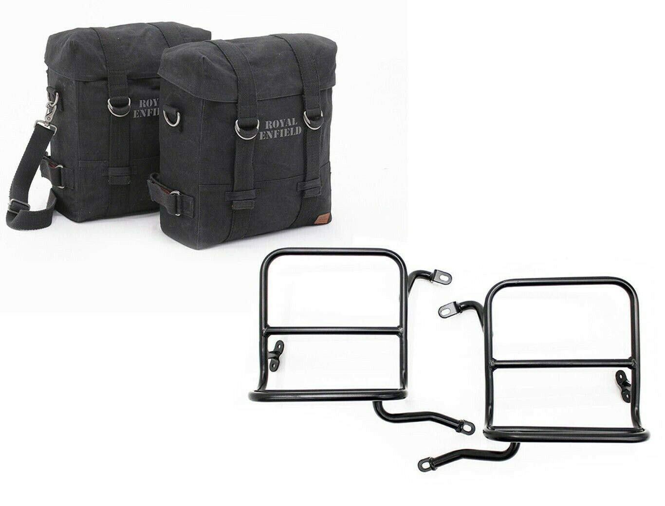 Royal Enfield Classic 350 & 500 Military Pannier Set with Black Bags & Mounting Kit - Waterproof Motorcycle Luggage for Adventure Touring & Commuting