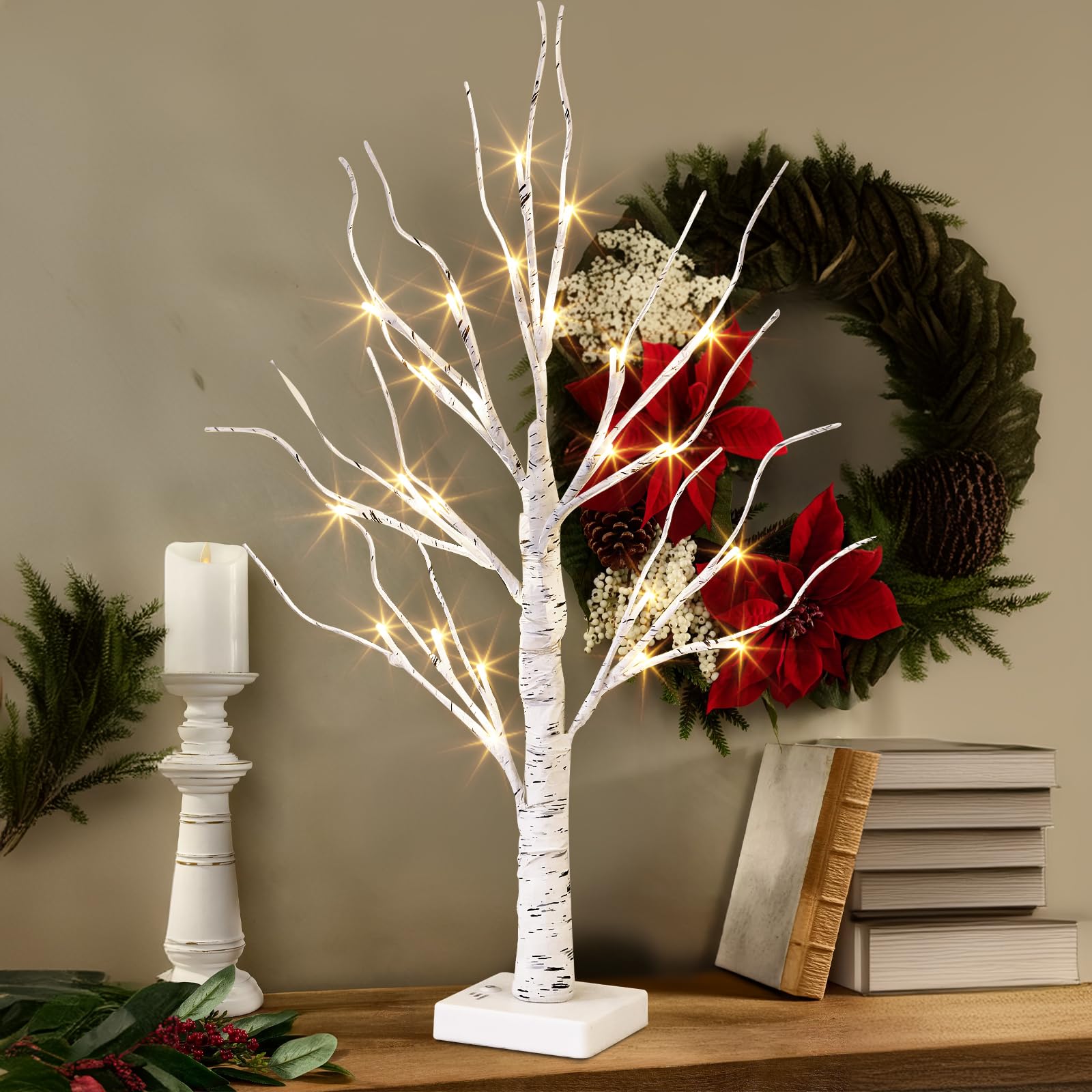 2FT LED Birch Tree with 24 Warm White Lights - Battery Powered Tabletop Centerpiece for Home, Office, Bedroom Decor - Perfect for Wedding, Easter & Holiday Decorations - Creates Cozy Ambiance for Romantic Dinners & Relaxing Evenings