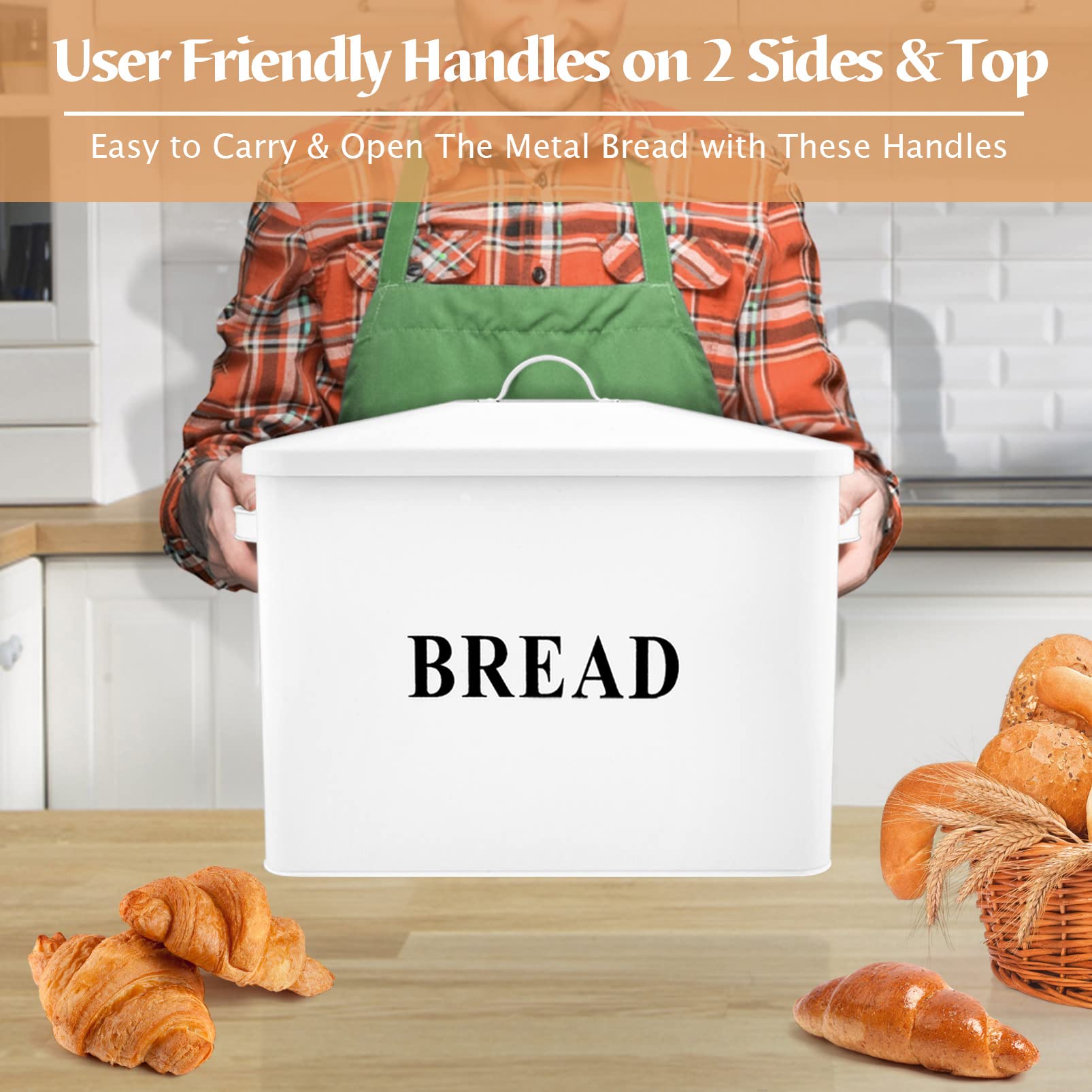 TeamFar Large Metal Bread Box for Kitchen Countertop – 13.1’’ x 11.8’’ x 7.3’’ Modern Farmhouse Bread Storage Container with Lid – Holds 2+ Loaves – Perfect for Bread, Baguettes & Pastries Storage in Home, Bakery or Café