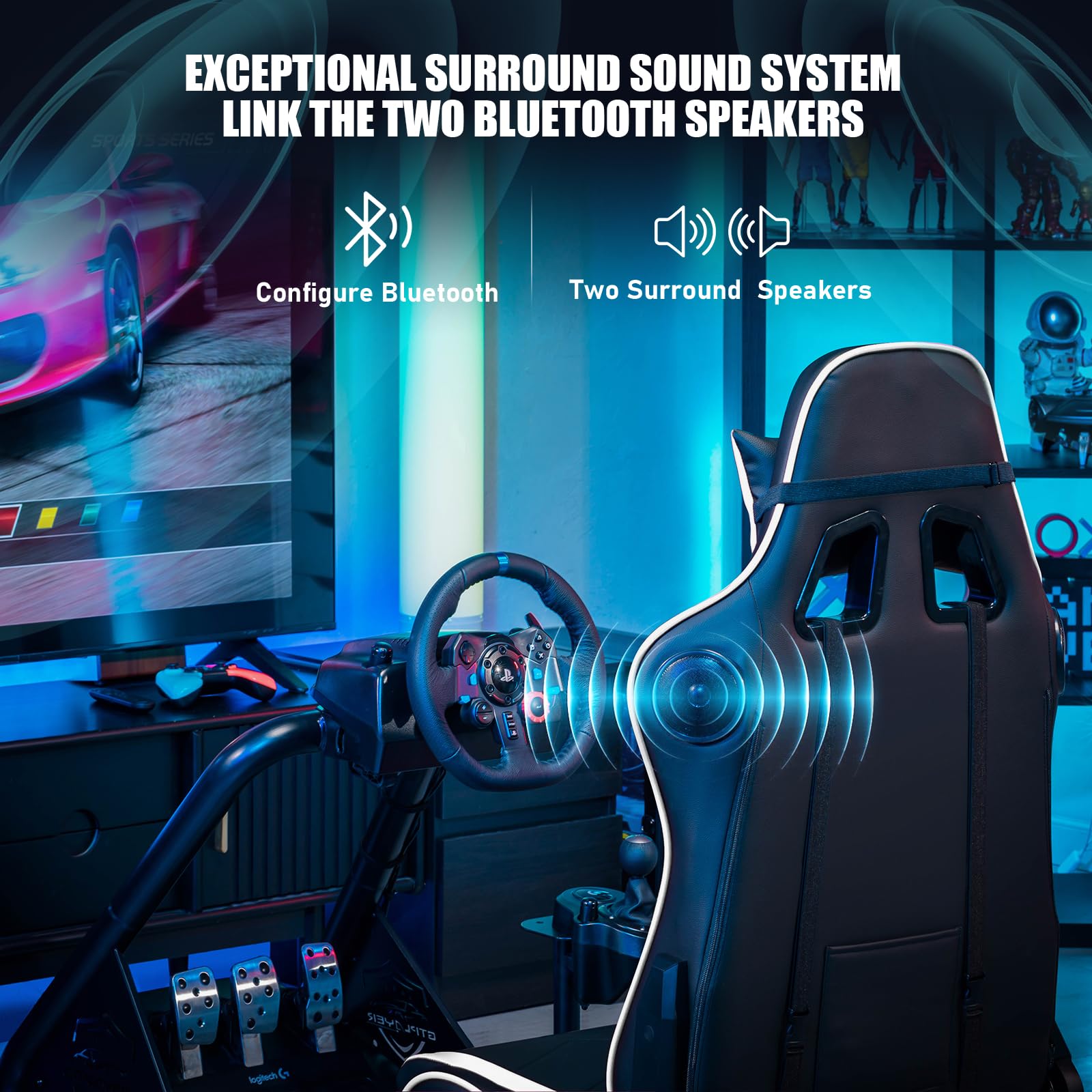 GTPLAYER Racing Simulator Cockpit with Adjustable Seat & Bluetooth Speakers - Ultra-Sturdy Alloy Steel Frame Gaming Chair for PC/PS4/Xbox - Perfect for Home Racing Games & Flight Simulation (White)