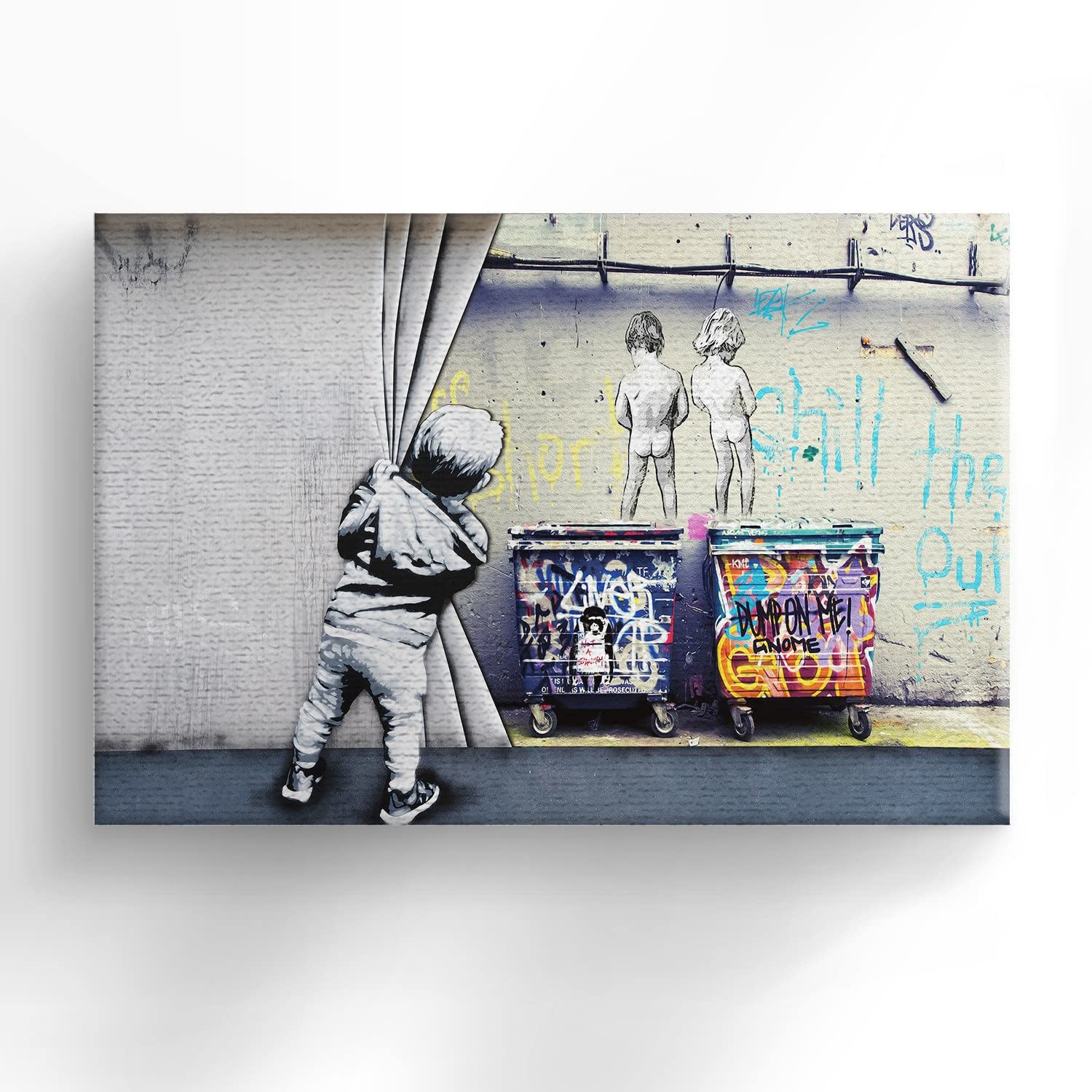Modern Graffiti Wall Art Canvas Print - Pop Art Street Style Funny Kid Opening Curtain Design, Creative Gray Wall Decor for Kids Room, 36x24 Inches - Perfect for Nursery, Playroom & Teen Bedroom