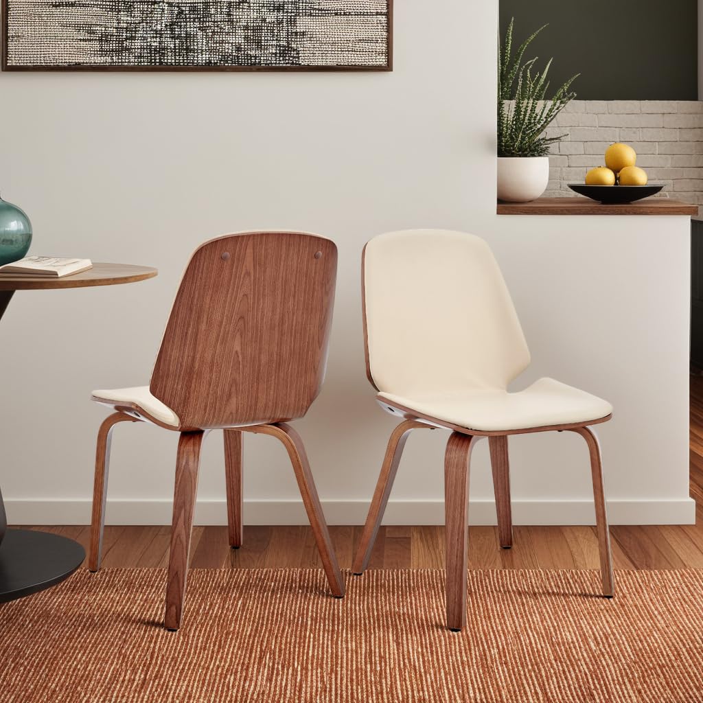 Armen Living Brinley Mid-Century Modern Dining Chair - Cream Faux Leather & Walnut Wood Accent Chair for Kitchen, Dining Table, Home Office Desk & Vanity | Perfect for Small Spaces & Contemporary Decor
