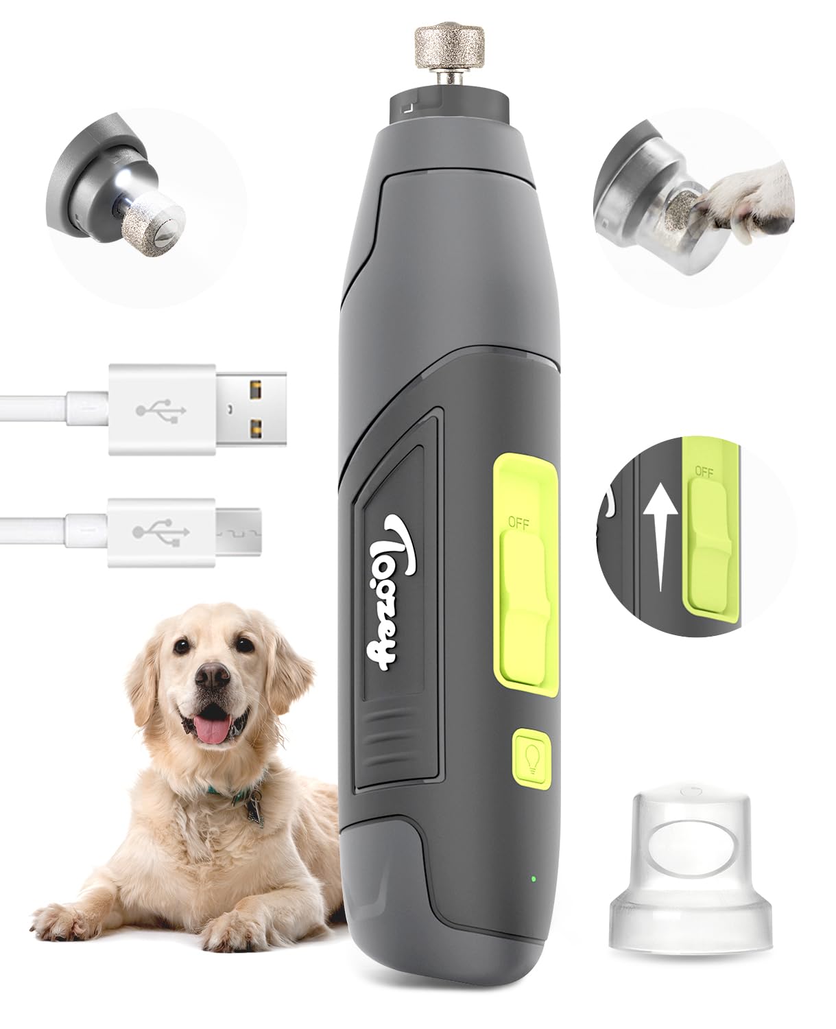 Toozey Professional Electric Dog Nail Grinder - 12,000 RPM High Speed with 3 Adjustable Speeds for Large, Medium & Small Dogs | USB Rechargeable Pet Nail Trimmer with LED Light & Dust Cap | Perfect for Grooming at Home or Professional Pet Salons
