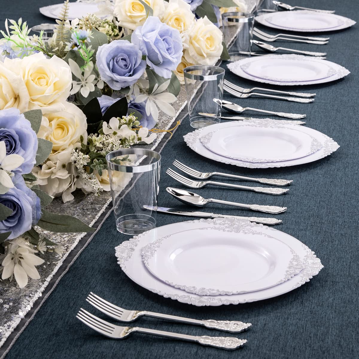 Hioasis 200-Pack Silver Plastic Plates & White with Silver Disposable Plates - 10.25 Inch & 7.5 Inch Elegant Dinnerware - Perfect for Christmas, Wedding, Party & Holiday Gatherings - Ideal for Buffets, Catering & Outdoor Events